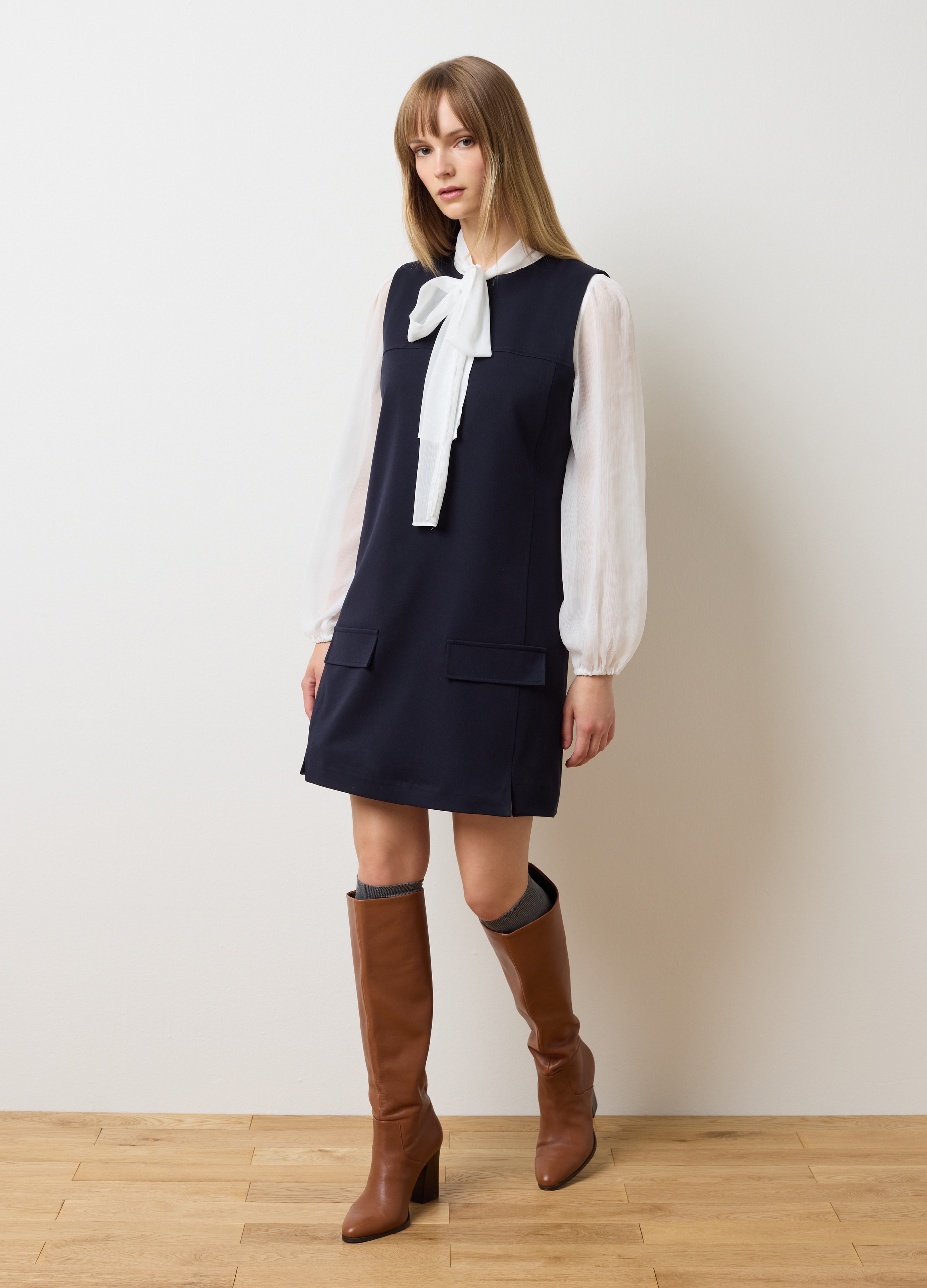 Vestito Blu Con Fiocco Con Zip, Mujer, Azul/Blanco, Talla: 42