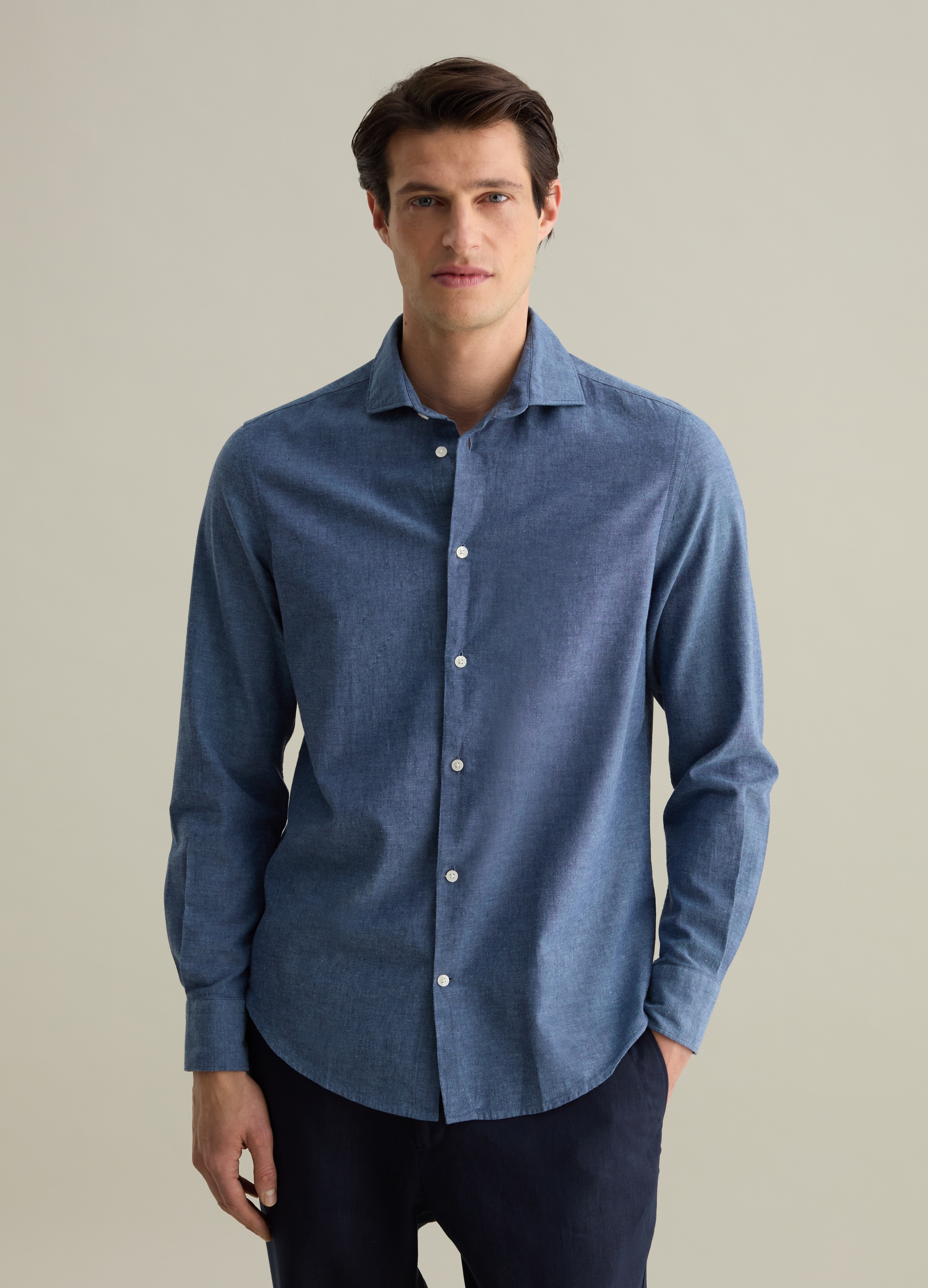 PIOMBO, Camicia Regular Fit In Cotone E Lino, Uomo, Blu, Taglia: M