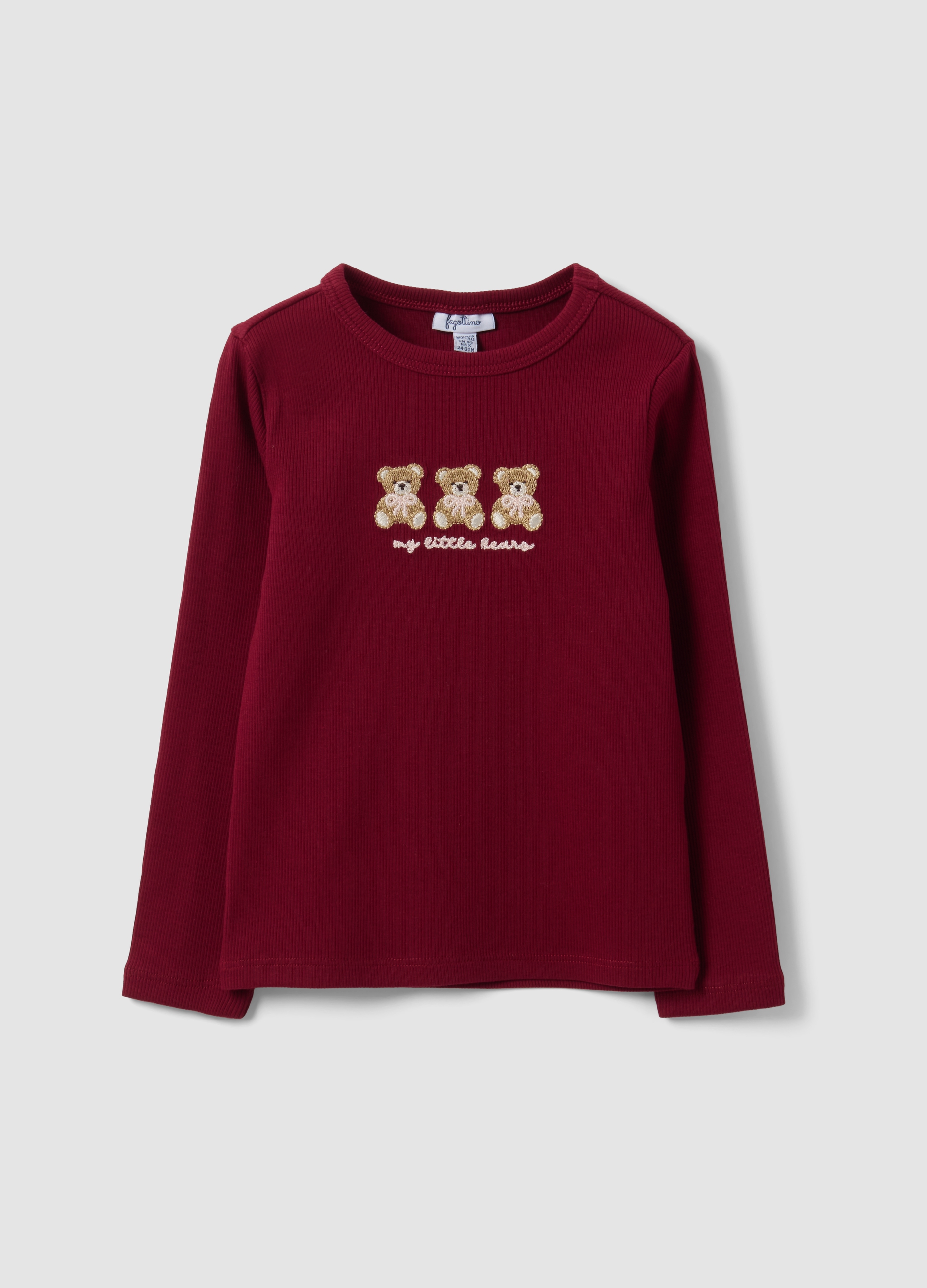 FAGOTTINO, T-shirt Rossa In Cotone Organico Elasticizzato A Girocollo Con Ricami Orsetti, Bambina, Rosso, Taglia: 12-18