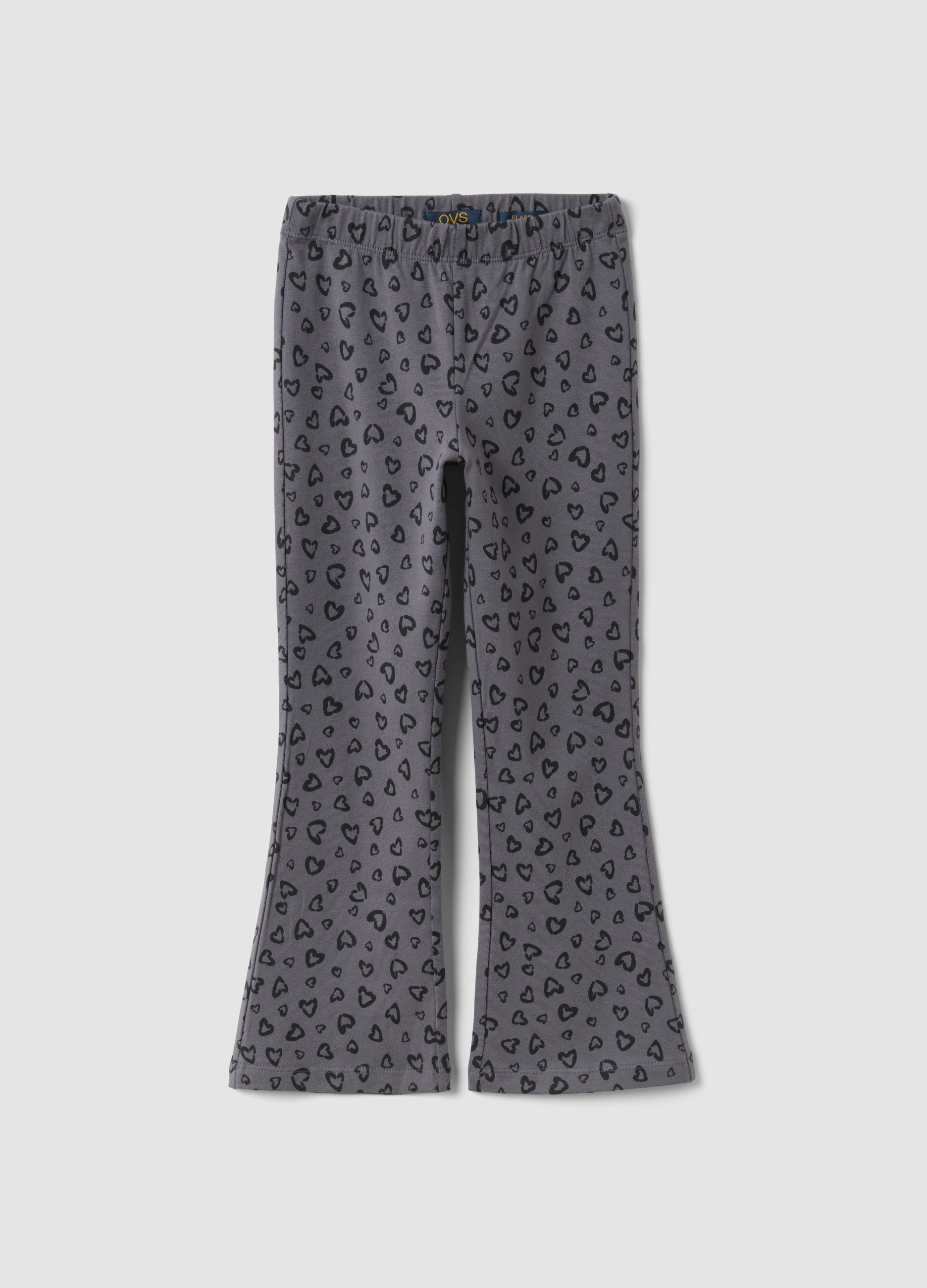 OVS KIDS, Leggings Flare Fit Grigi In Cotone Organico Con Stampa Di Cuori Per Bambina, Grigio, Taglia: 7-8
