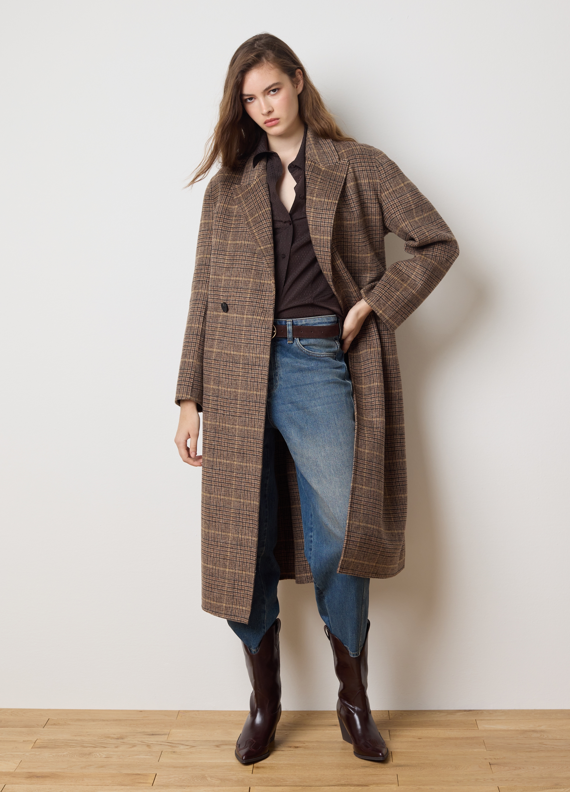 LES COPAINS, Cappotto A Quadri Marrone In Misto Lana Regular Fit, Donna, Marrone, Taglia: XS