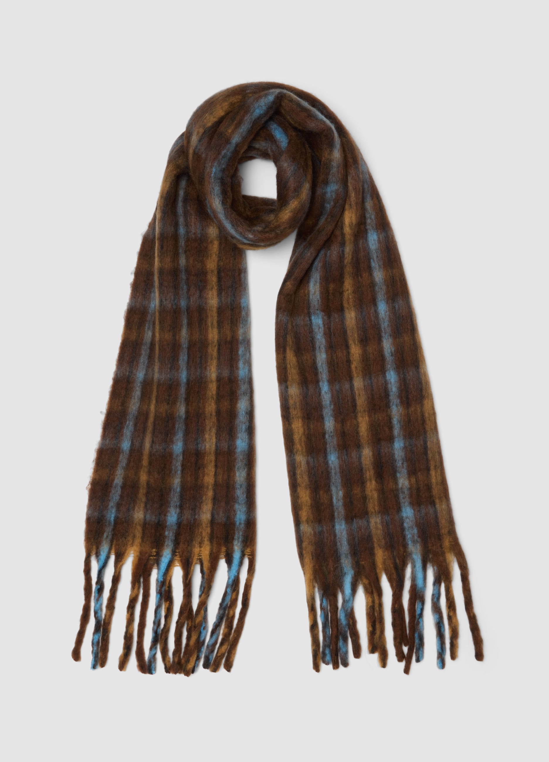 B.ANGEL, Sciarpa Marrone A Quadri Con Frange, Donna, Marrone, Taglia: ONE SIZE
