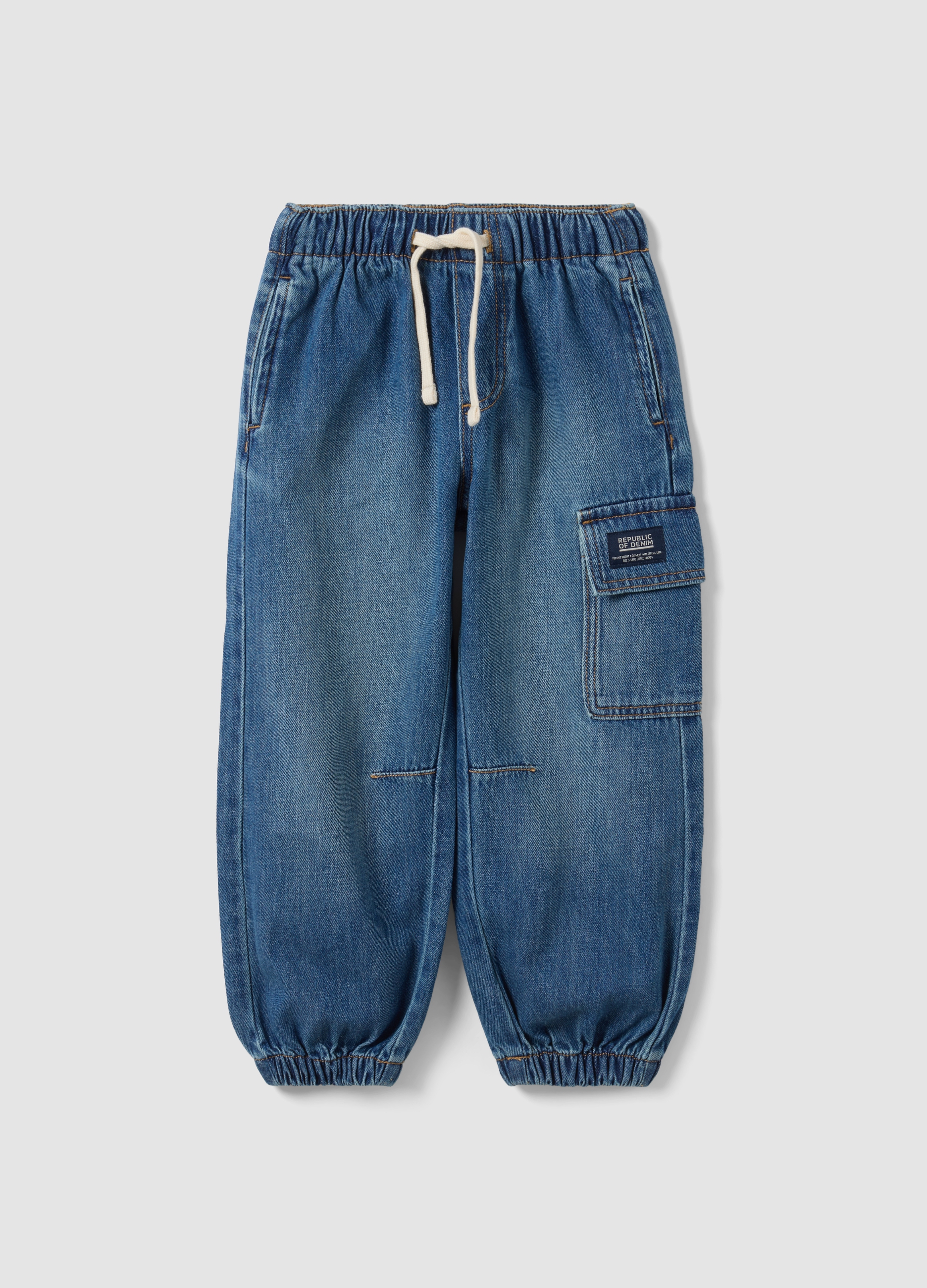 REPUBLIC OF DENIM, Jogger Denim Azzurro In Misto Cotone E Viscosa Con Tasche Cargo Relaxed Fit, Bambino, Azzurro, Taglia: 3-4