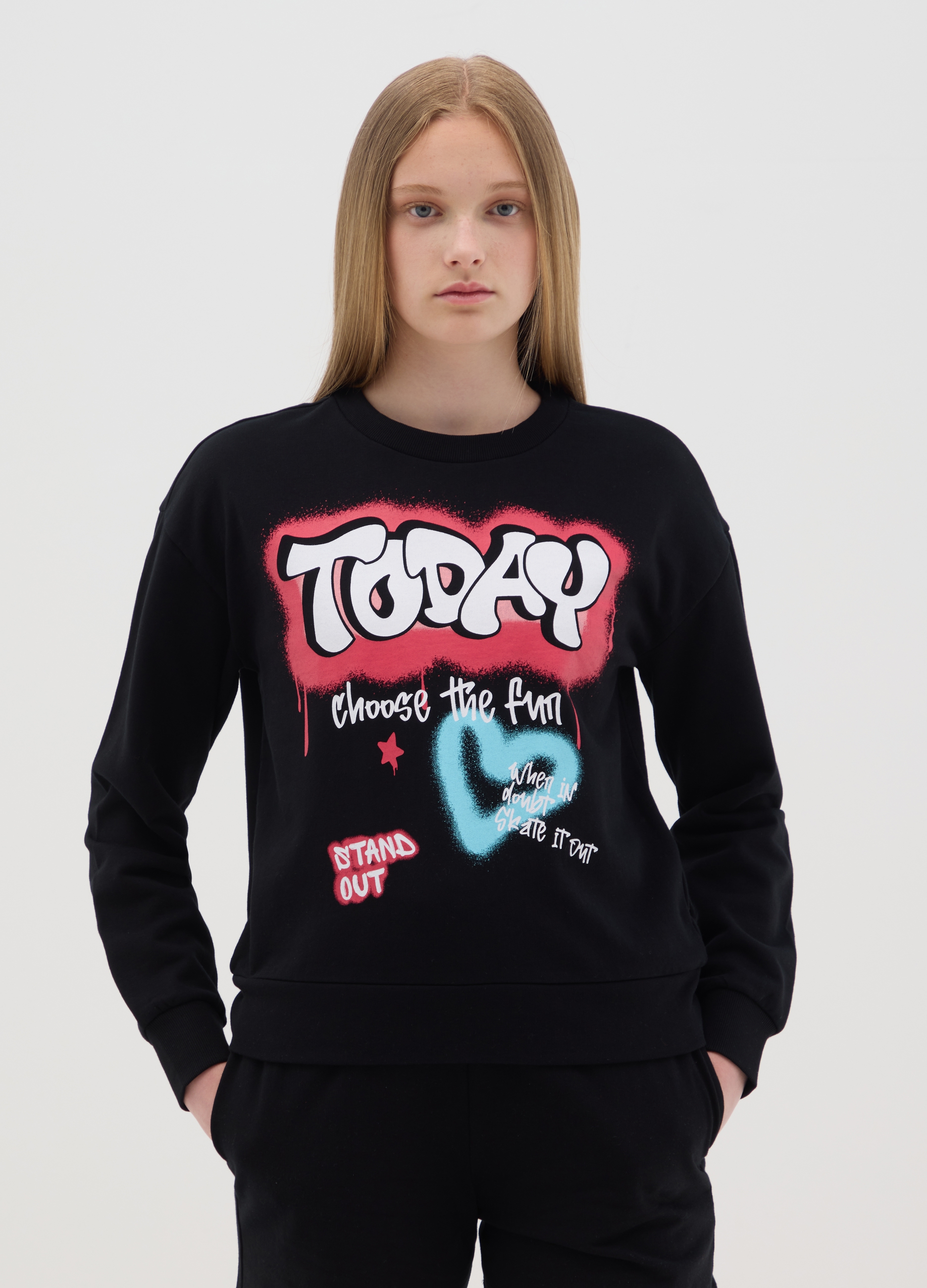 Sudadera De Tejido Rizado Con Estampado Grafitis, Niña, Negro, Talla: 14-15