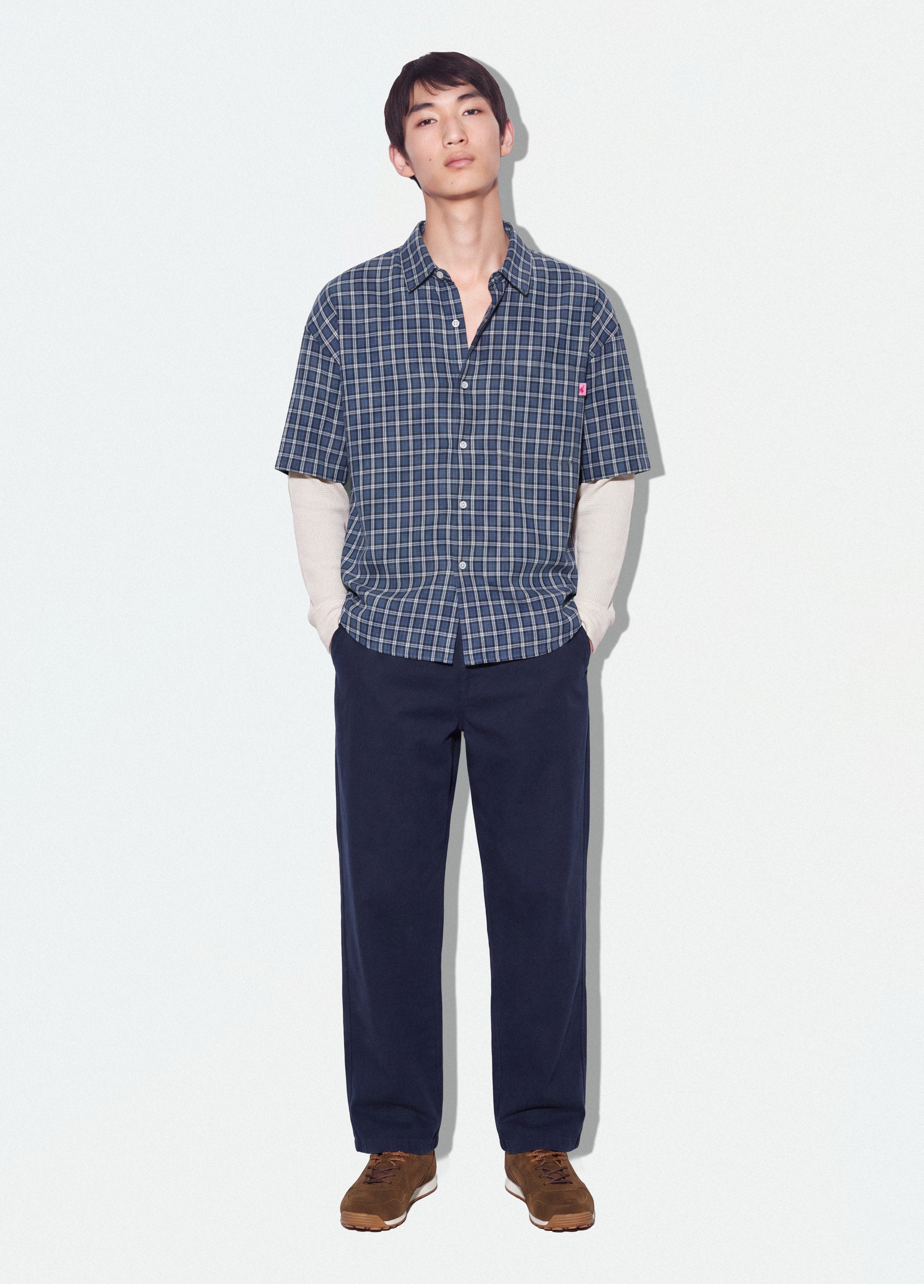 B.ANGEL, Camicia Cropped Blu A Quadri In Puro Cotone Con Maniche Doppie Over Fit, Uomo, Blu, Taglia: XS