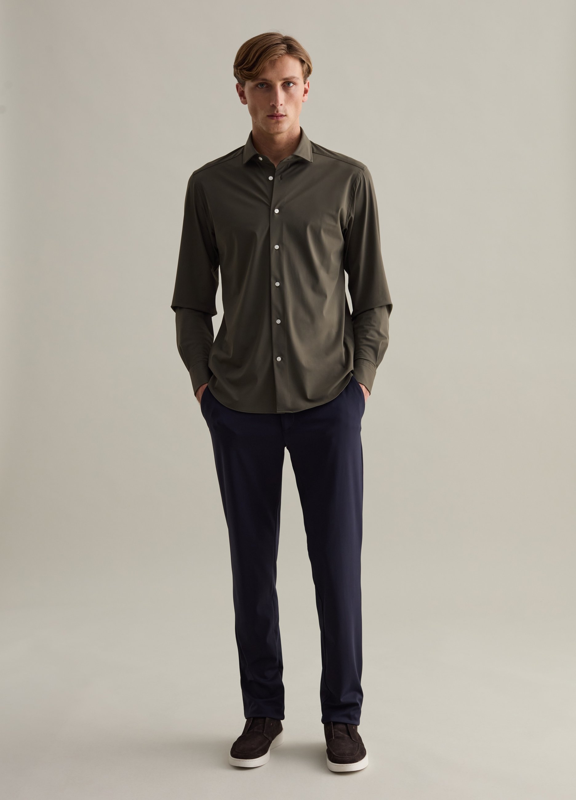 PIOMBO, Camicia Easy Iron In Tessuto Tecnico Contemporary, Uomo, Verde, Taglia: M