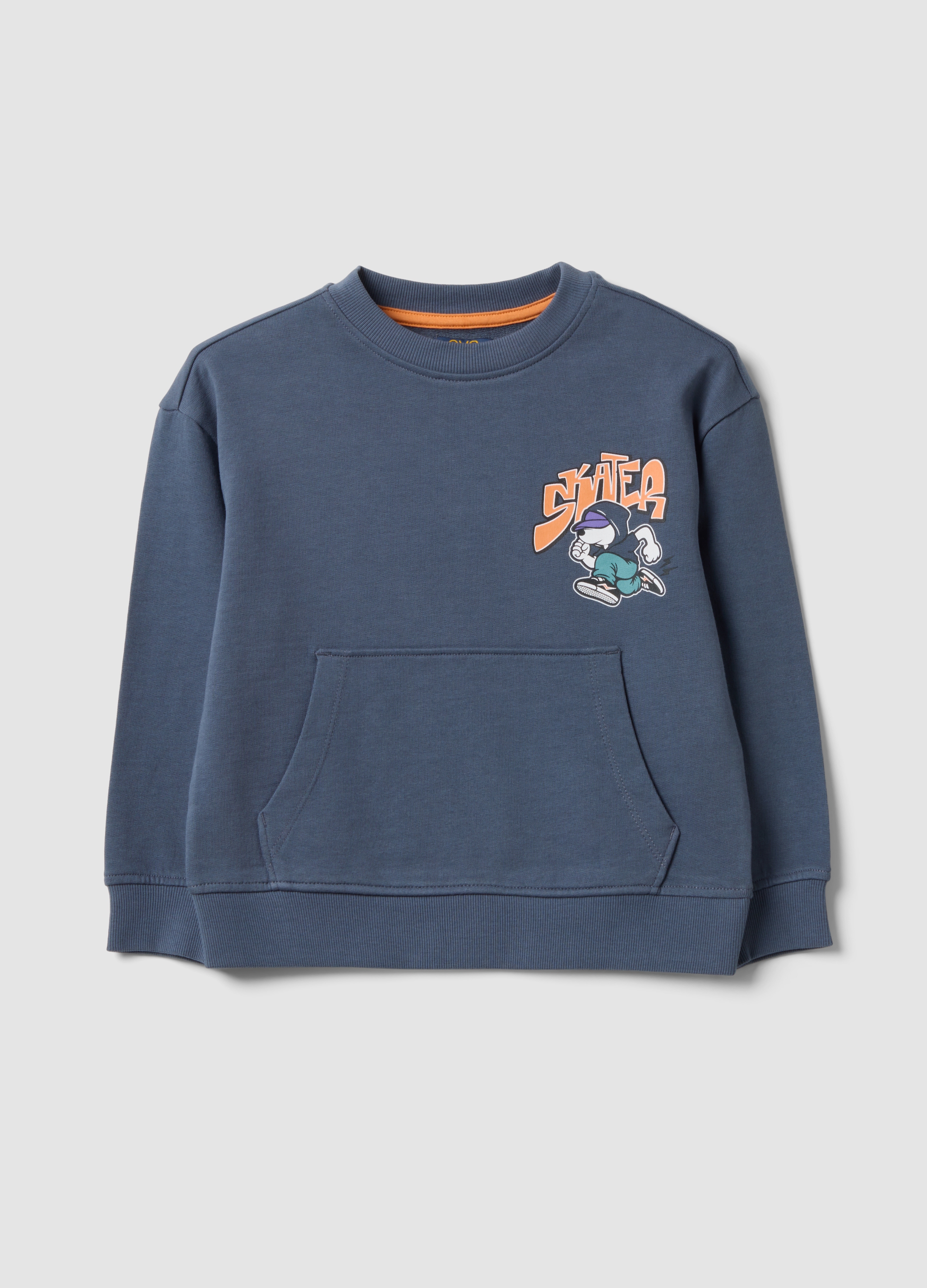 OVS KIDS, Felpa Over Fit Grigia In Puro Cotone Con Stampa E Tasca A Marsupio Per Bambino, Grigio, Taglia: 4-5