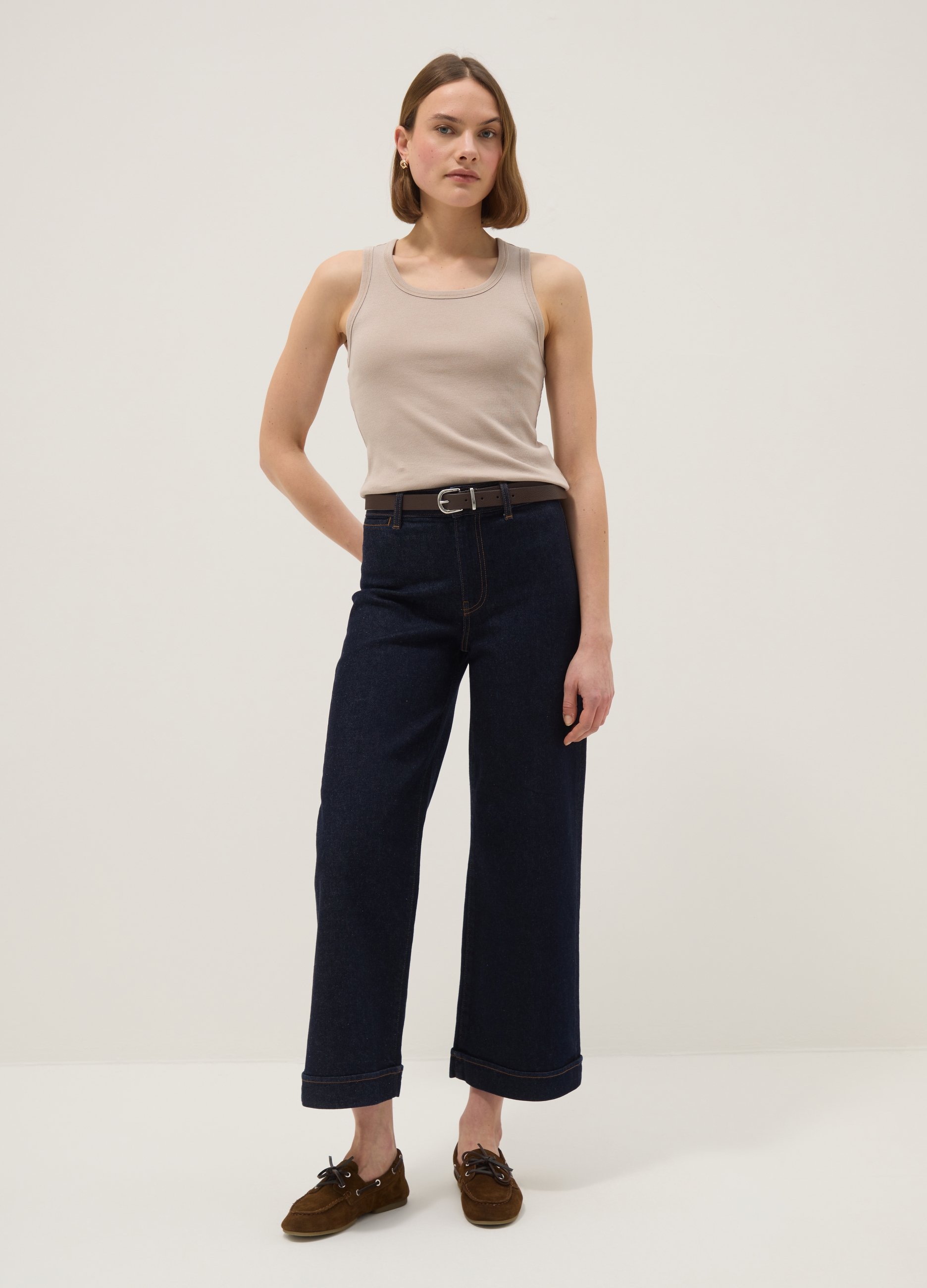 Camiseta De Tirantes Beige De Algodón Elástico, Corte Regular, Mujer, Beige, Talla: 42