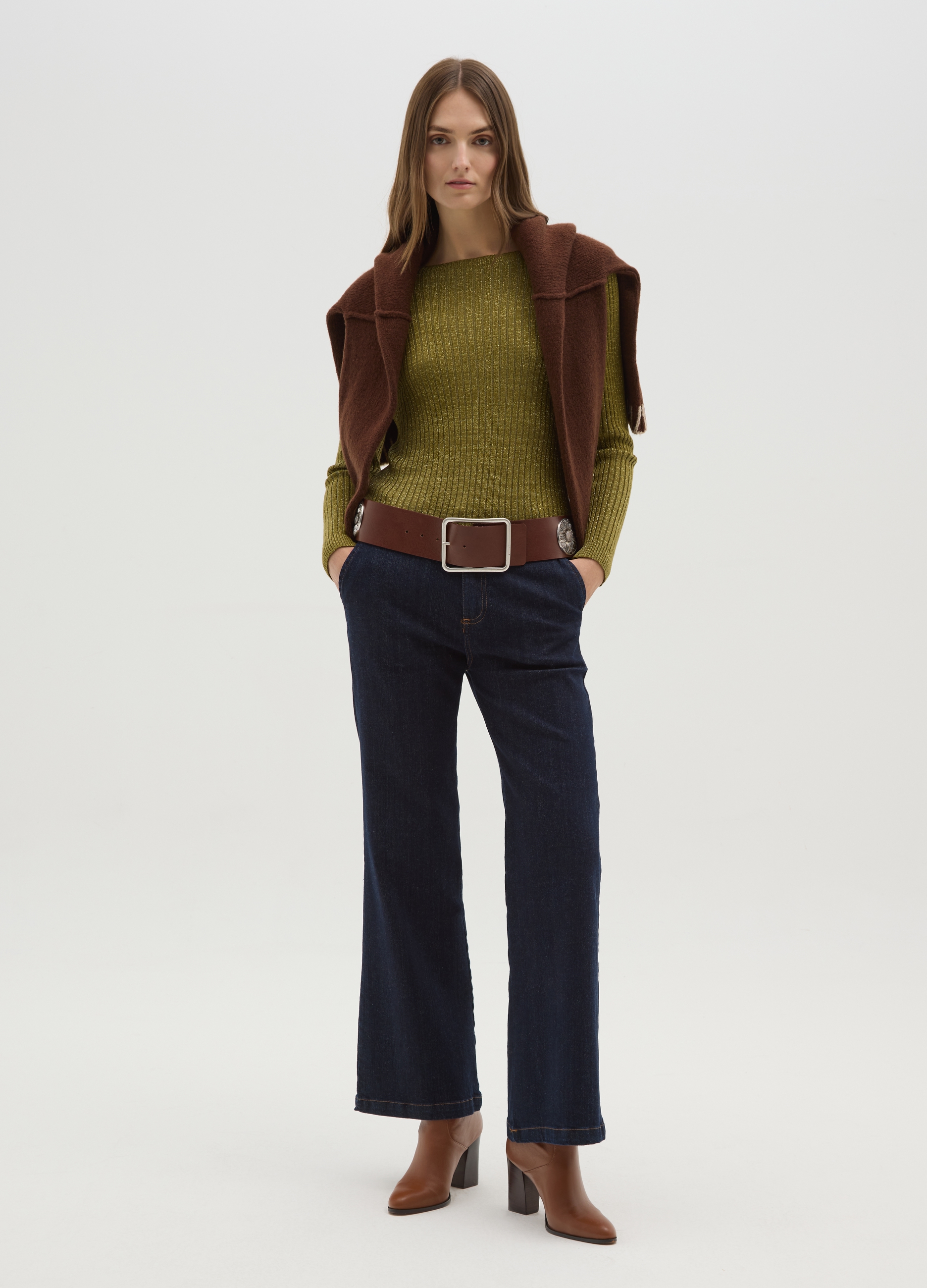 HYBRID, Maglia A Costine Verde Con Fibre Metalliche, Donna, Verde, Taglia: L/XL