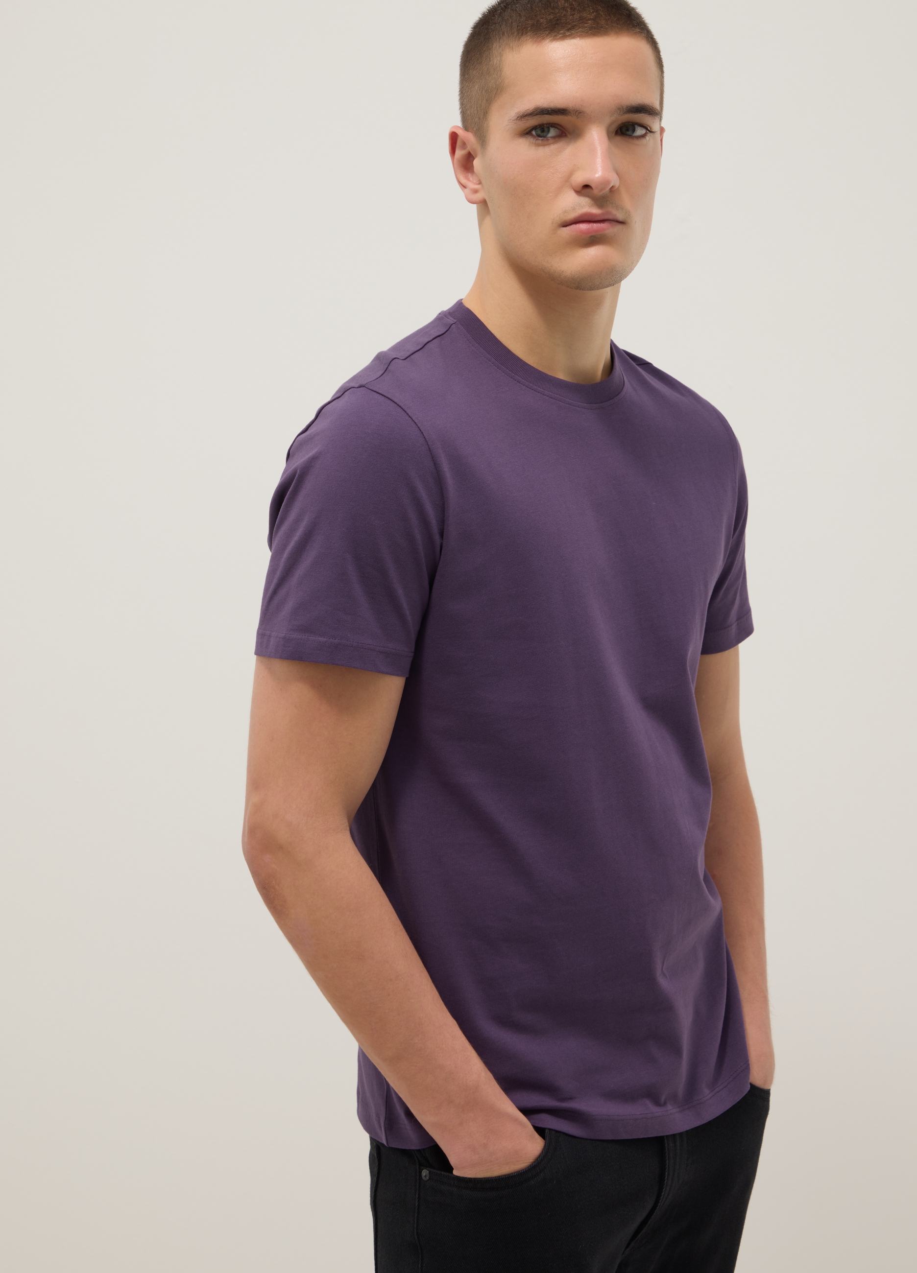 Camiseta Violeta De Manga Corta De Algodón Puro Regular Fit, Hombre, Morado oscuro, Talla: L