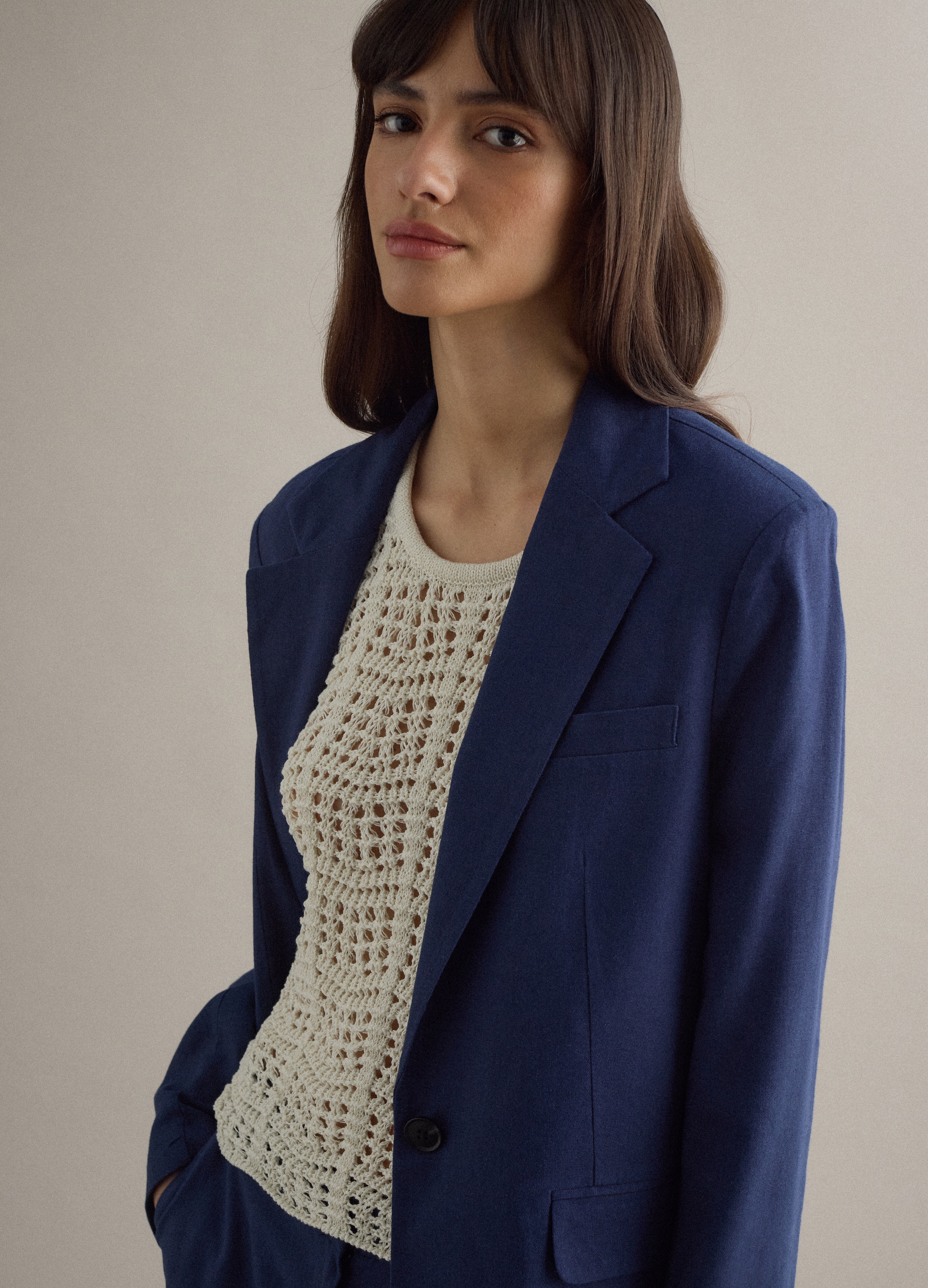 Piombo Contemporary, Blazer Azul En Mezcla De Viscosa Y Lino Ajuste Regular, Mujer, Azul marino, Talla: 38