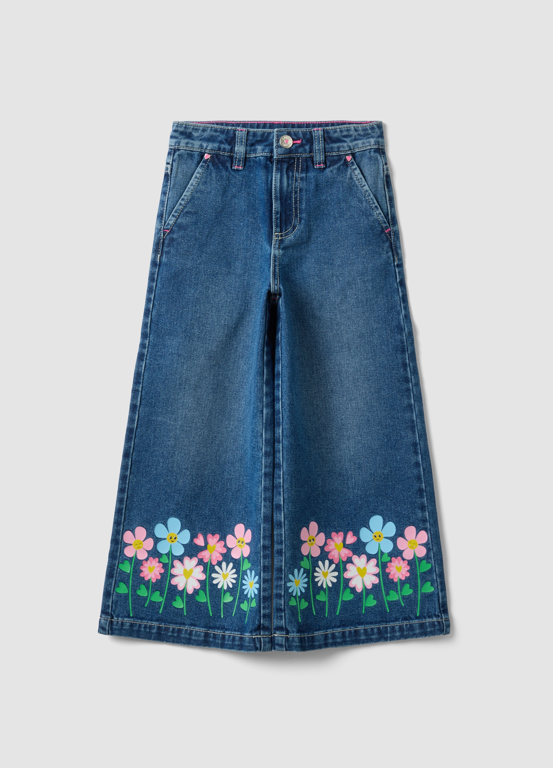 LOVE THERAPY, Jeans Blu Wide Leg In Puro Cotone Con Stampa Floreale Per Bambina, Blu, Taglia: 8-9