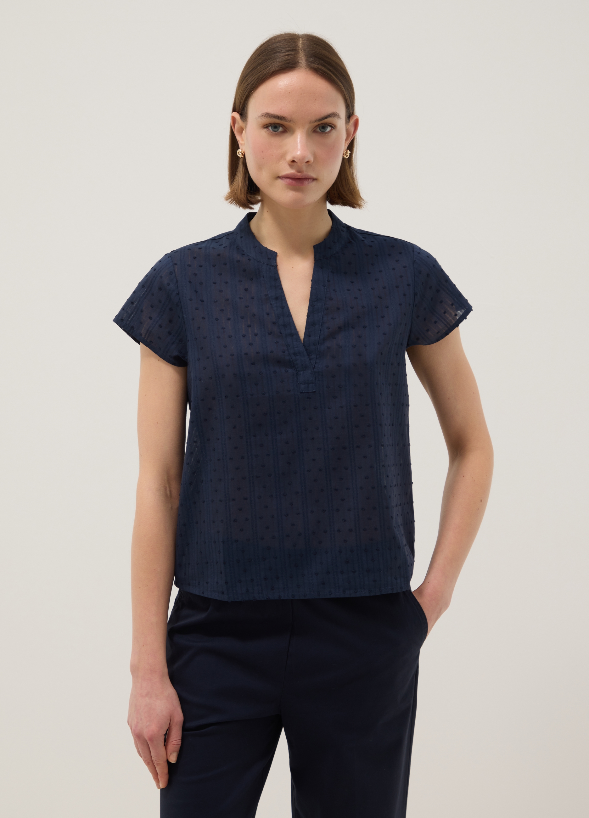 Blusa Azul De Algodón Puro Regular Fit Con Transparencia Y Escote V Profundo, Mujer, Azul oscuro, Talla: 36