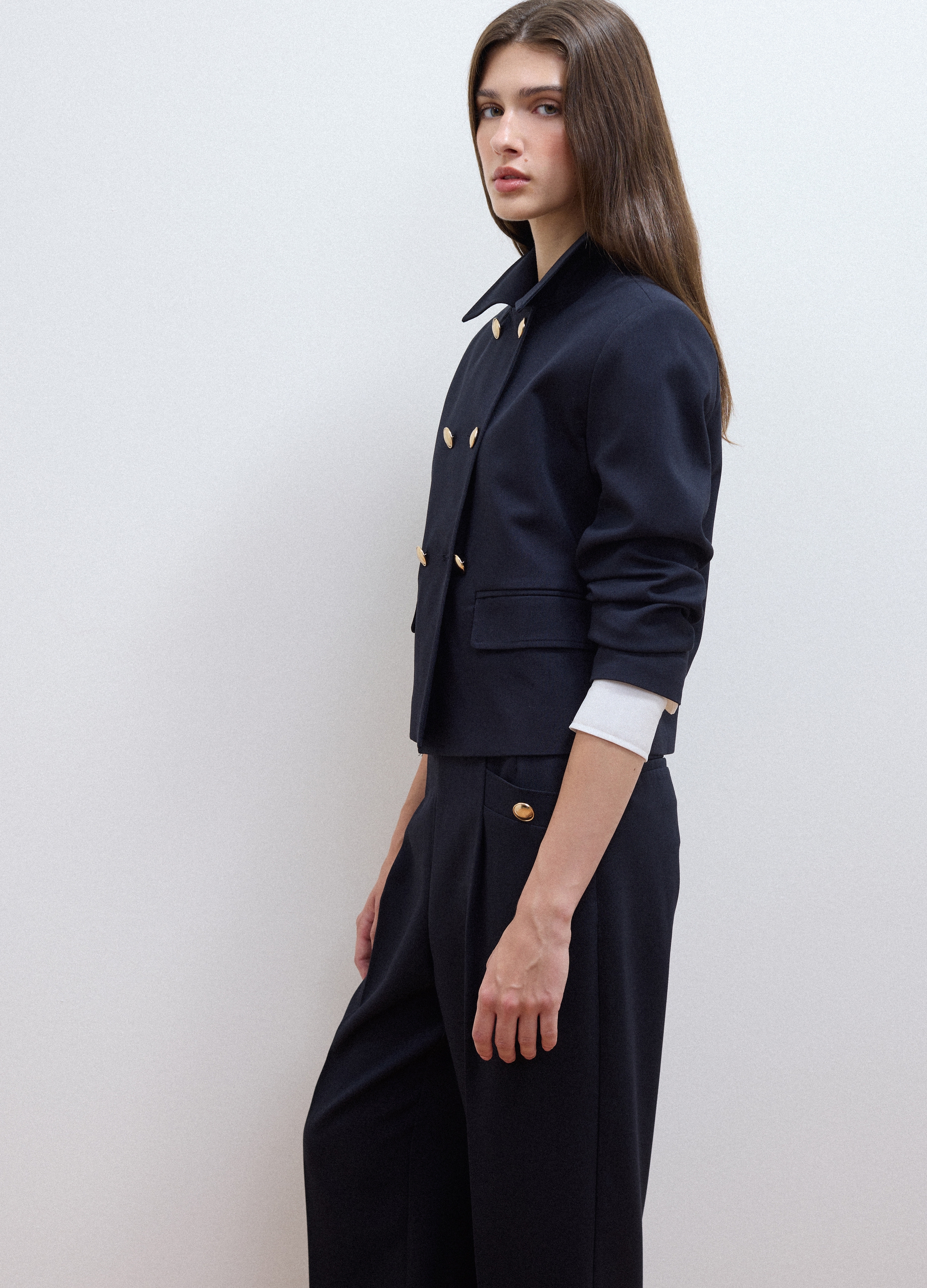 LES COPAINS, Blazer A Doppio Petto Blu In Viscosa Elasticizzata Con Bottoni Dorati, Donna, Blu, Taglia: 48