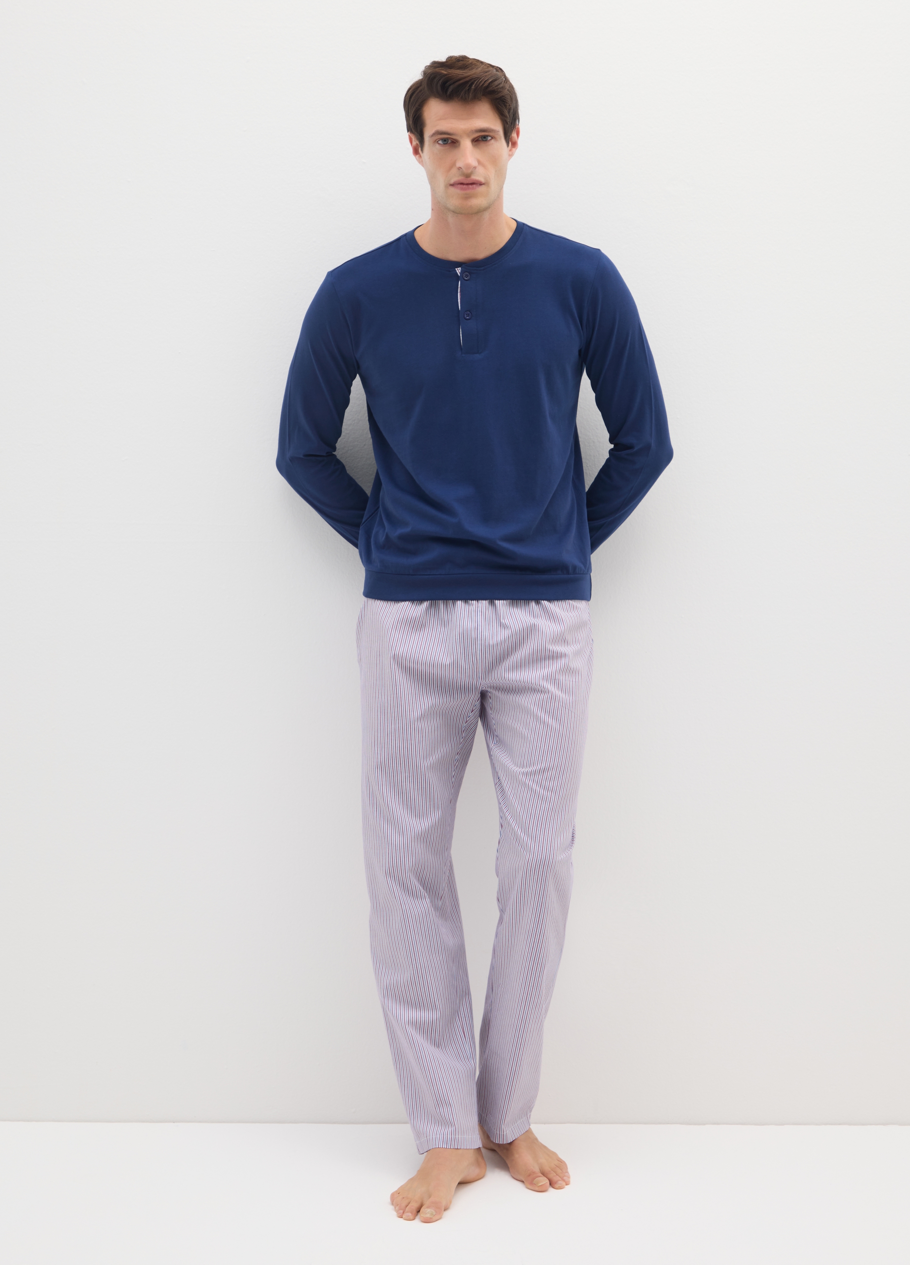 Pijama Largo De Rayas Multicolor En Algodón Puro Ajuste Regular, Hombre, Azul/Blanco, Talla: XL