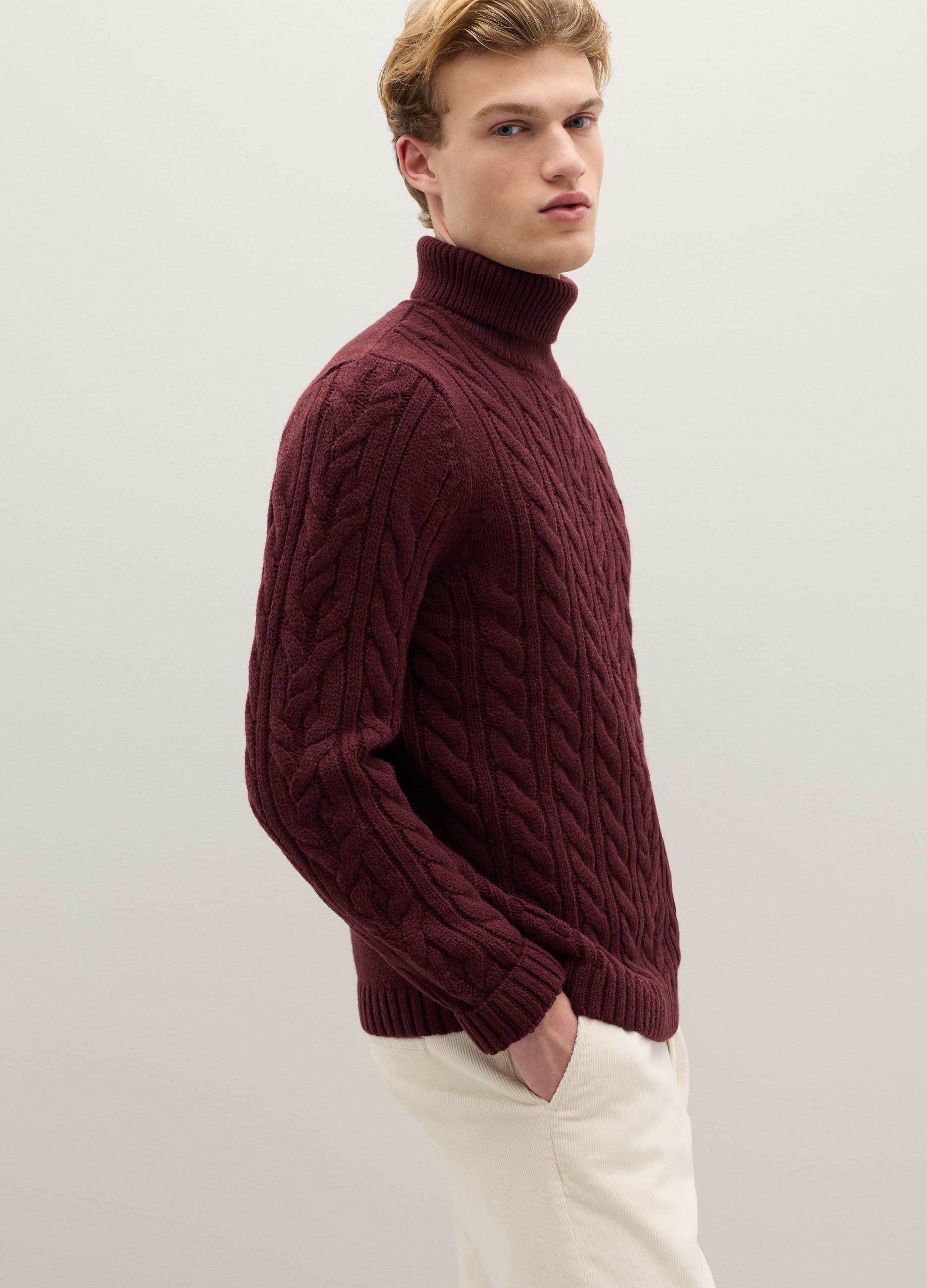 PIOMBO, Dolcevita Bordeaux Con Design A Trecce In Misto Lana, Uomo, Rosso, Taglia: L