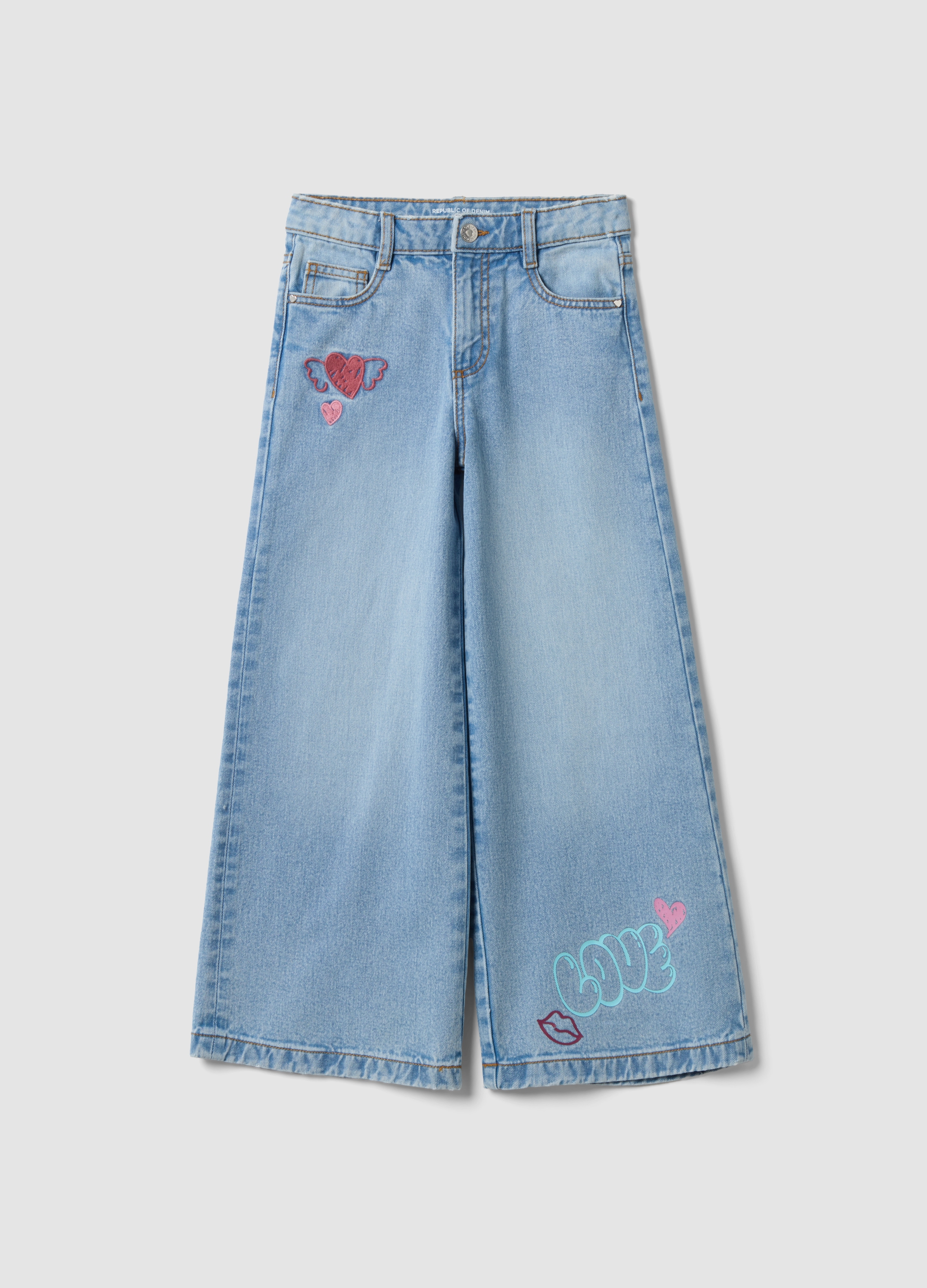 REPUBLIC OF DENIM, Jeans Wide Leg Denim In Puro Cotone Con Ricami Per Bambina, Denim, Taglia: 4-5