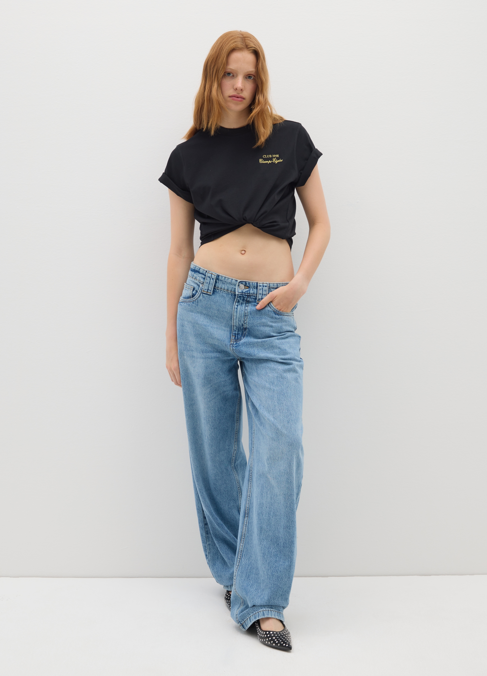 Camiseta Negra De Algodón Puro Estilo Relajado Con Emblema, Mujer, Gunmetal, Talla: XXS