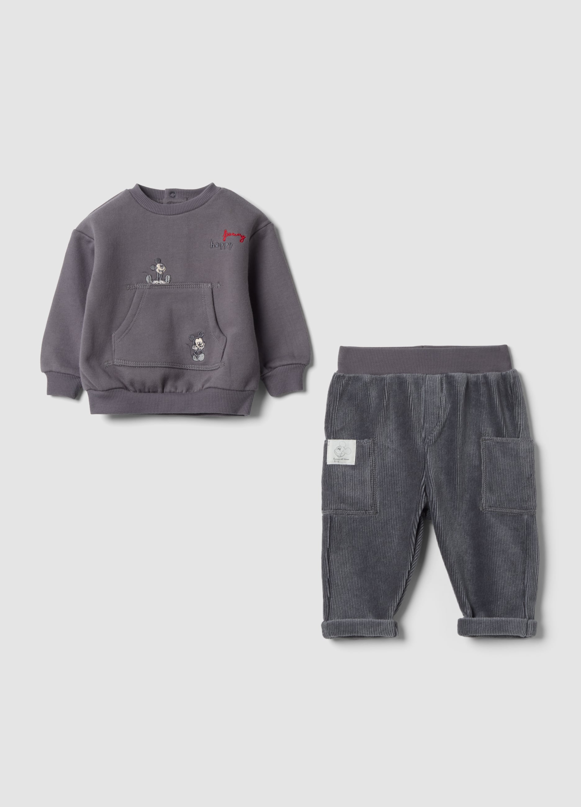 FAGOTTINO, Completo Grigio In Puro Cotone Organico A Coste Con Ricami Mickey, Neonato, Grigio, Taglia: 1-3