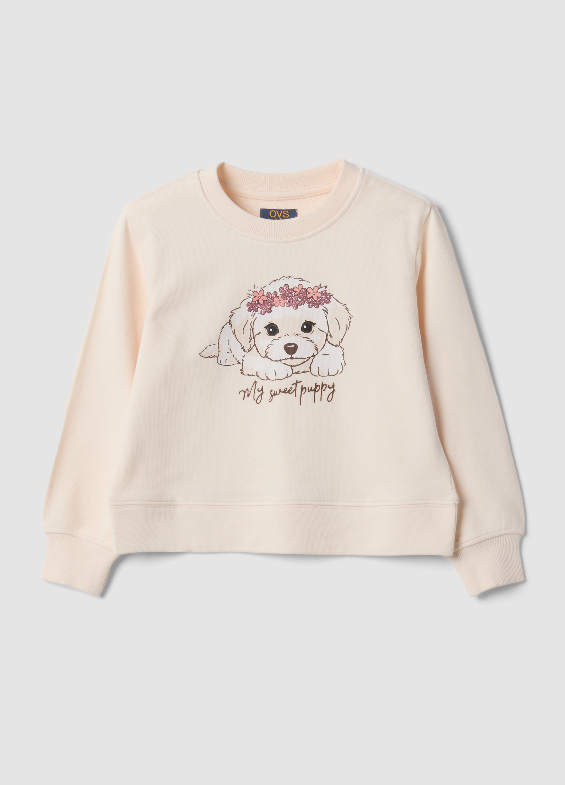OVS KIDS, Felpa Beige In Puro Cotone Con Girocollo E Stampa Cagnolino, Bambina, Beige, Taglia: 9-10