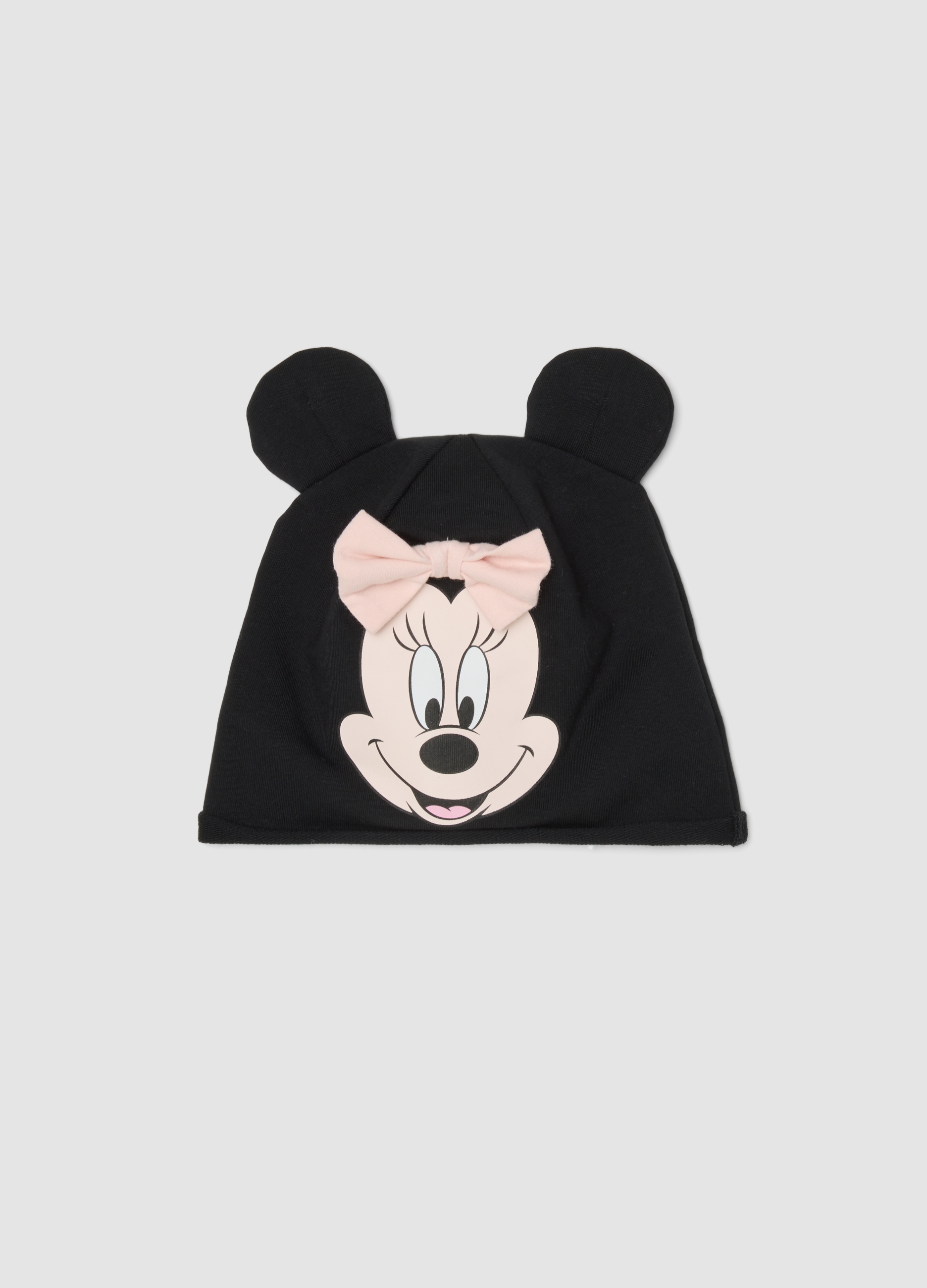 FAGOTTINO, Cappello Nero In Cotone Organico Elasticizzato Con Stampa Minnie E Fiocco, Bambina, Nero, Taglia: 46-48