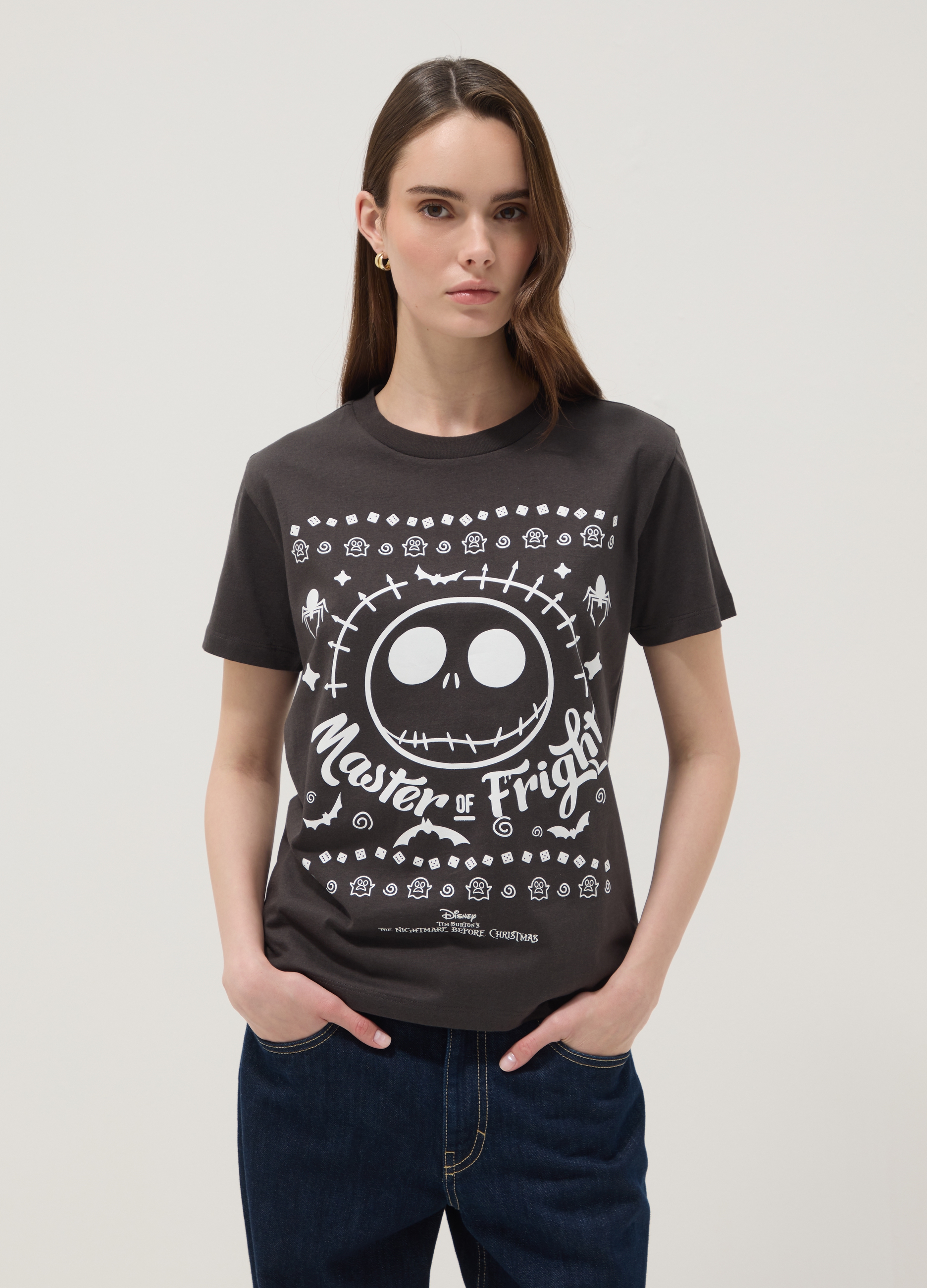 DISNEY, T-shirt Nera In Puro Cotone A Tema Nightmare Before Christmas, Unisex, Nero, Taglia: M