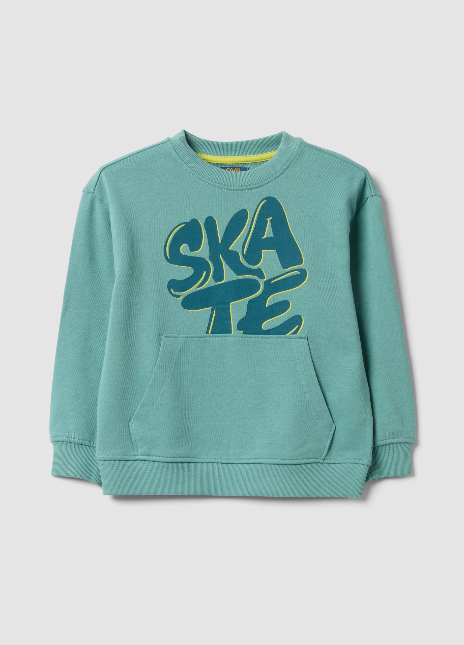 OVS KIDS, Felpa Over Fit Verde In Puro Cotone Con Stampa E Tasca A Marsupio Per Bambino, Verde, Taglia: 4-5