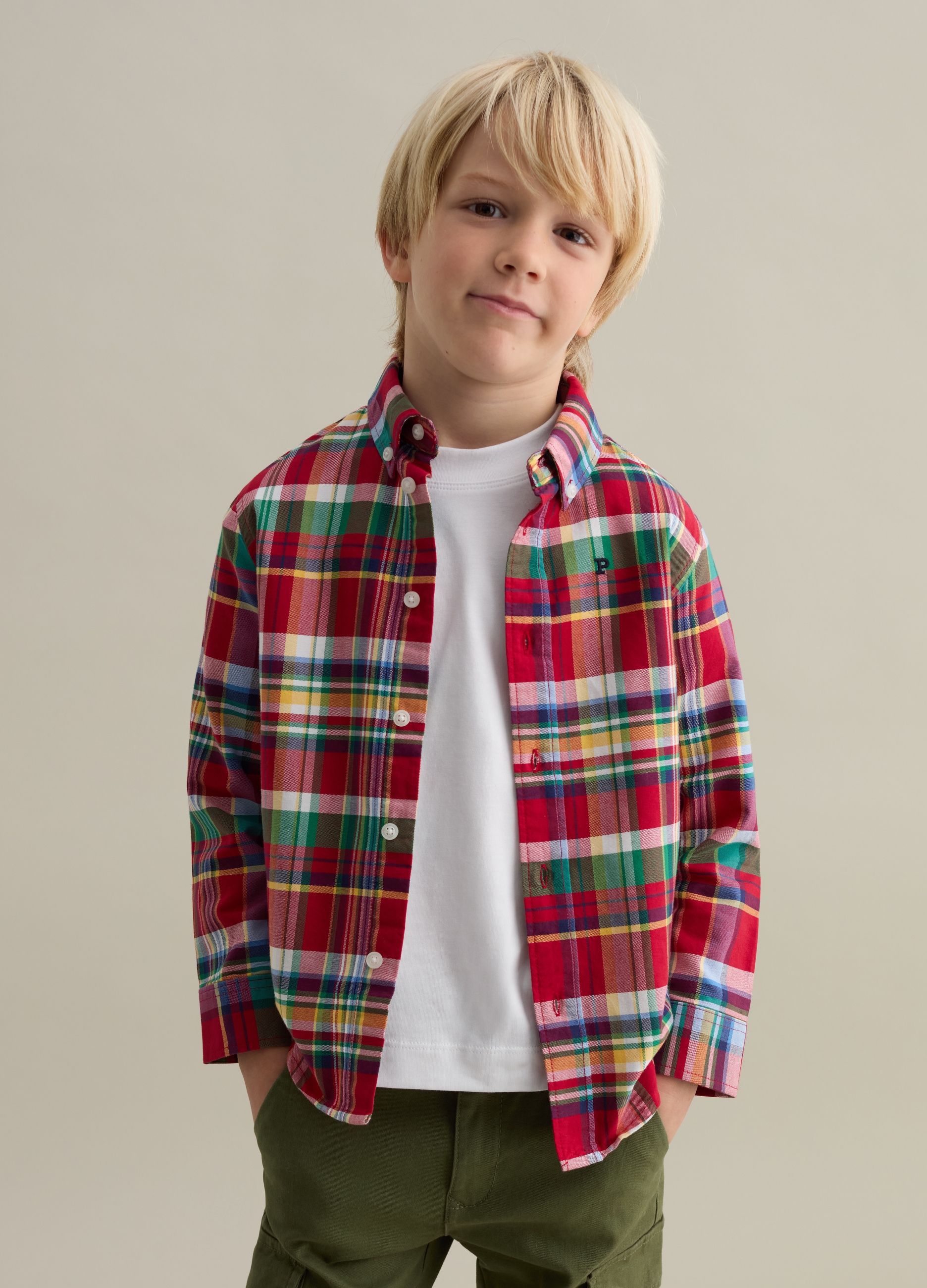 PIOMBO KIDS, Camicia Button-down Stampa Check E Ricamo Logo, Bambino, Multicolor, Taglia: 6