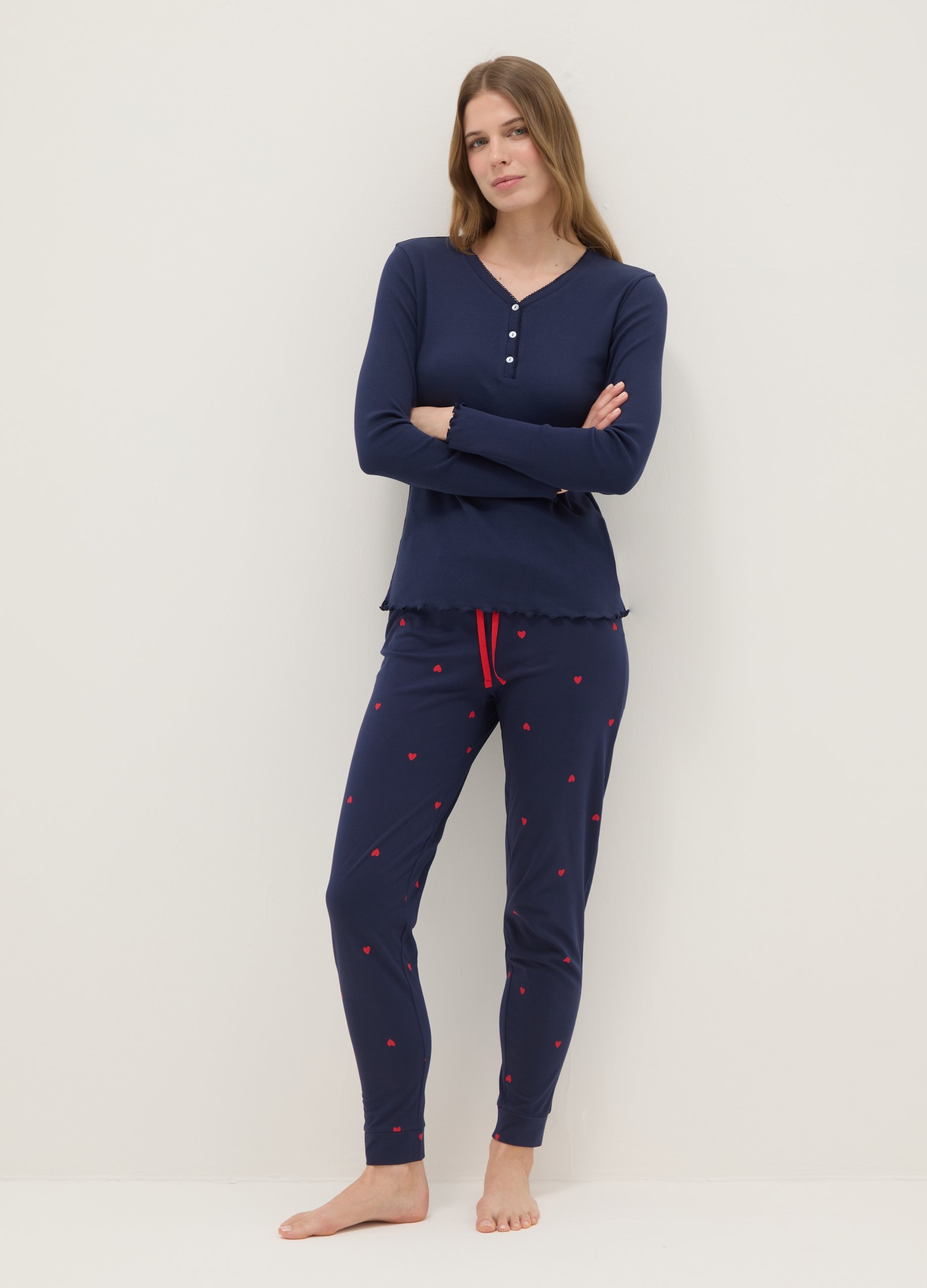 Pantalones De Pijama Azul De Algodón Puro Ajuste Regular Con Corazones, Mujer, Azul oscuro, Talla: M
