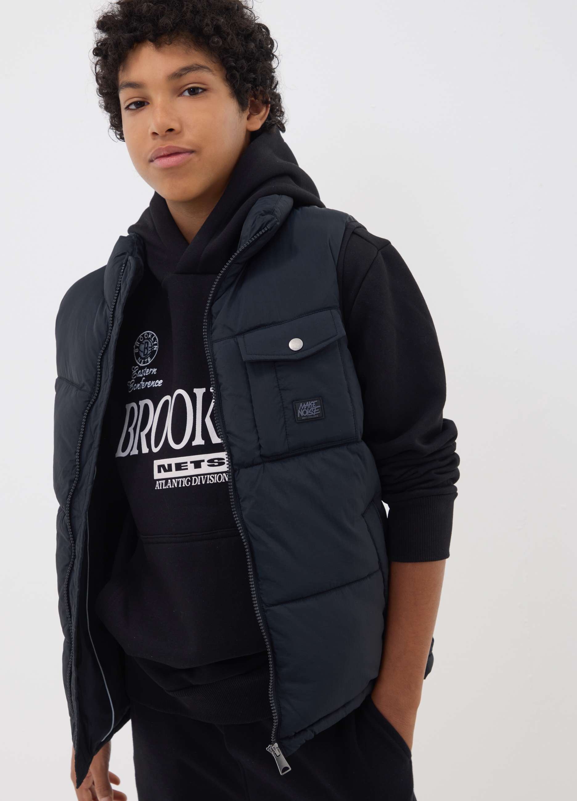 OVS KIDS, Gilet Nero Idrorepellente Imbottito Con Zip E Collo Alto Per Ragazzo, Bambino, Nero, Taglia: 13-14