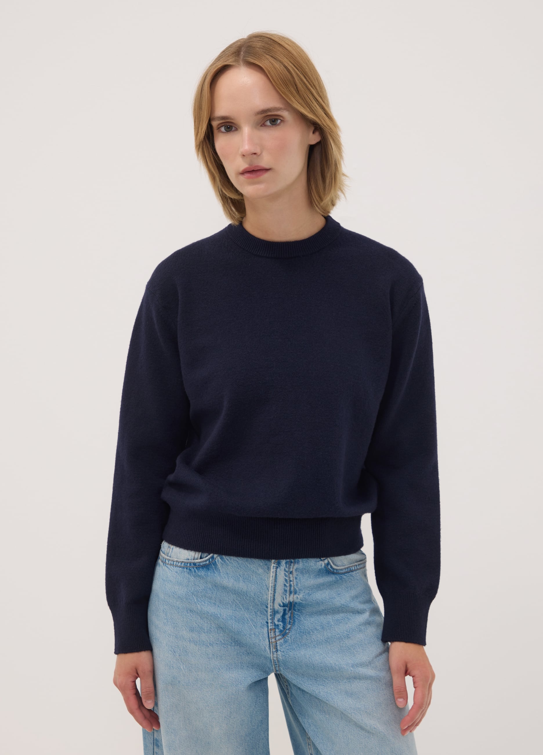 OVS, Maglia Blu In Lana Elasticizzata A Girocollo, Donna, Blu, Taglia: L