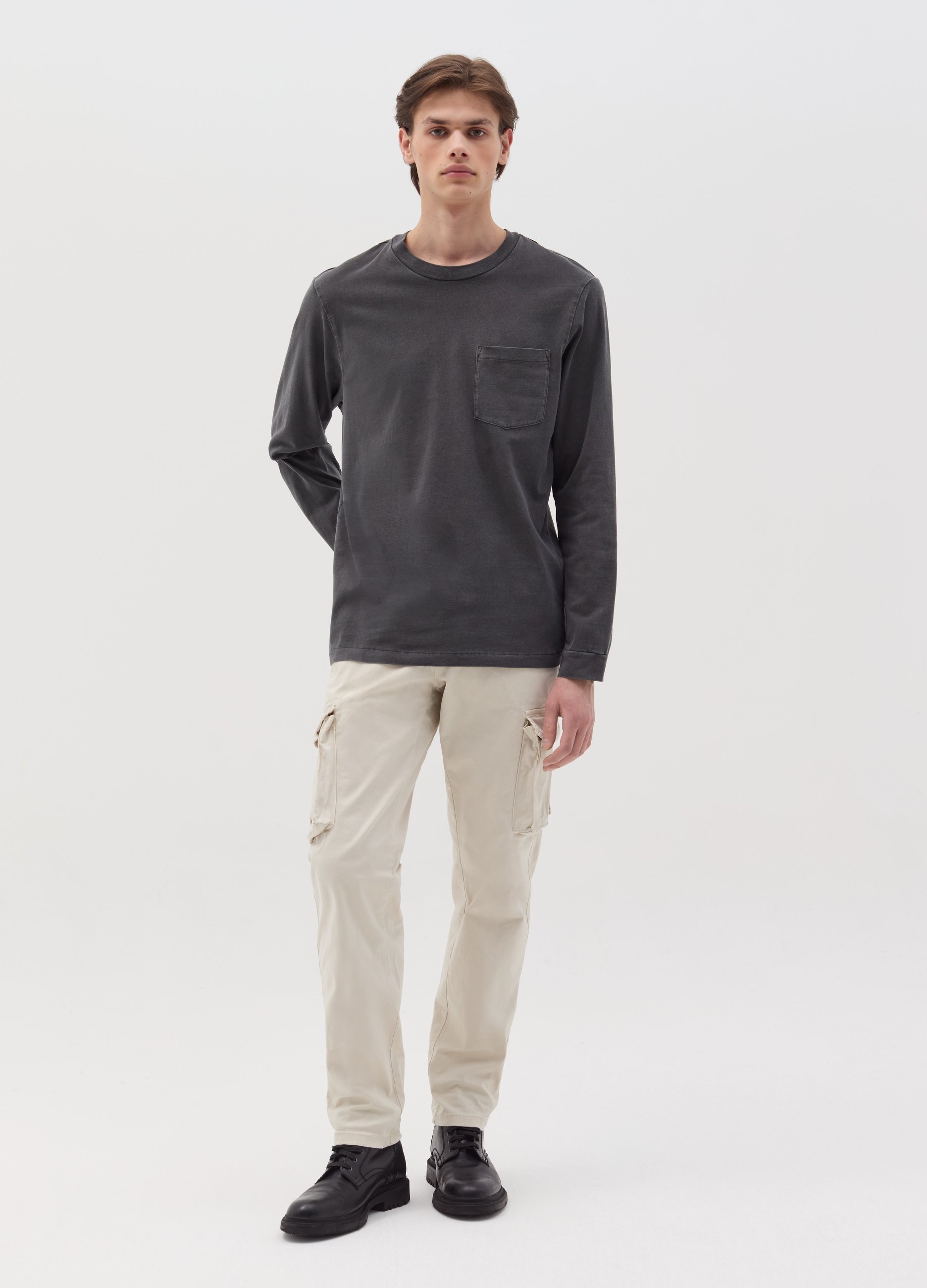 Camiseta Manga Larga De Algodón Con Bolsillo, Hombre, Gris pizarra, Talla: M