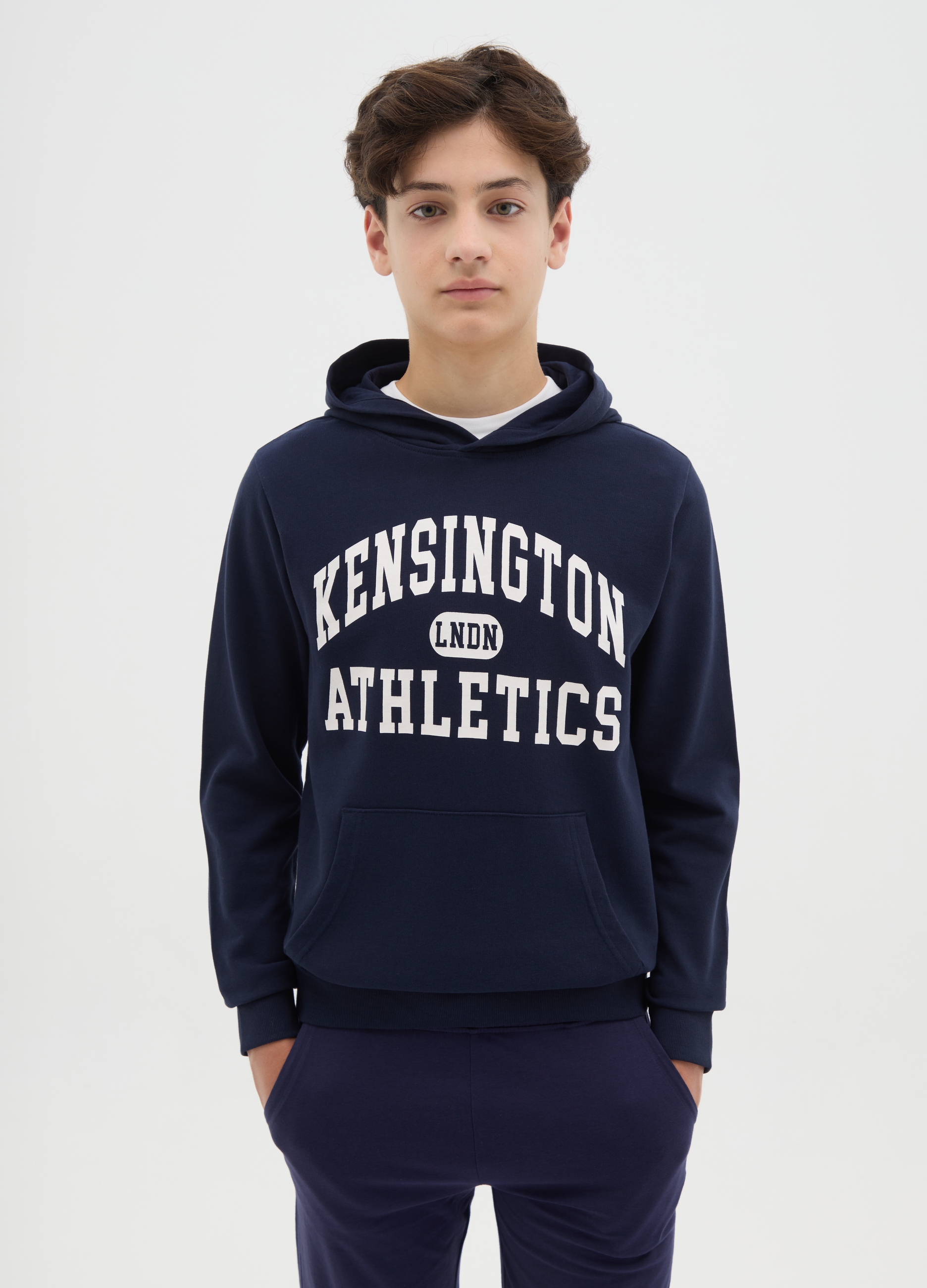 Sudadera De Tejido Rizado Con Capucha Y Estampado, Niño, Azul Noche, Talla: 10-11