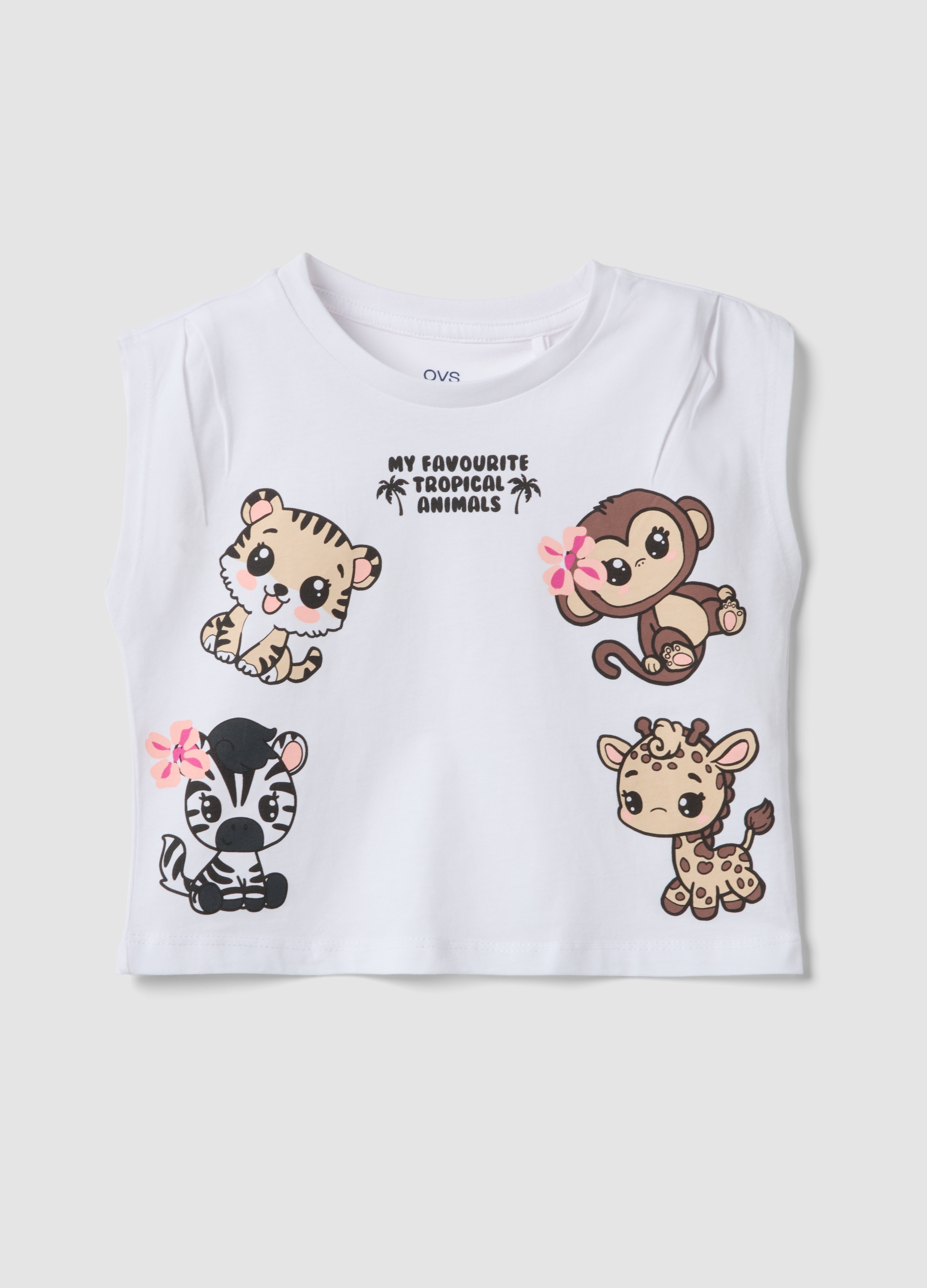 Ovs Kids, Weißes Tanktop Aus Reiner Baumwolle Mit Tropen-print, Mädchen, Bianco, Größe, 8-9