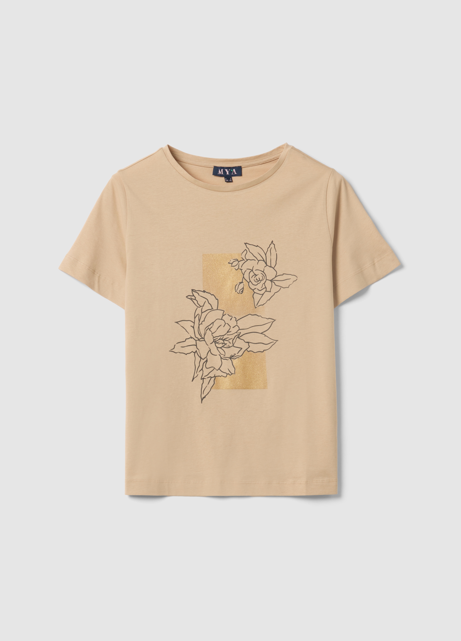 Camiseta Beige De Manga Corta En Algodón Puro Con Estampado, Corte Regular, Mujer, Beige Claro, Talla: XL
