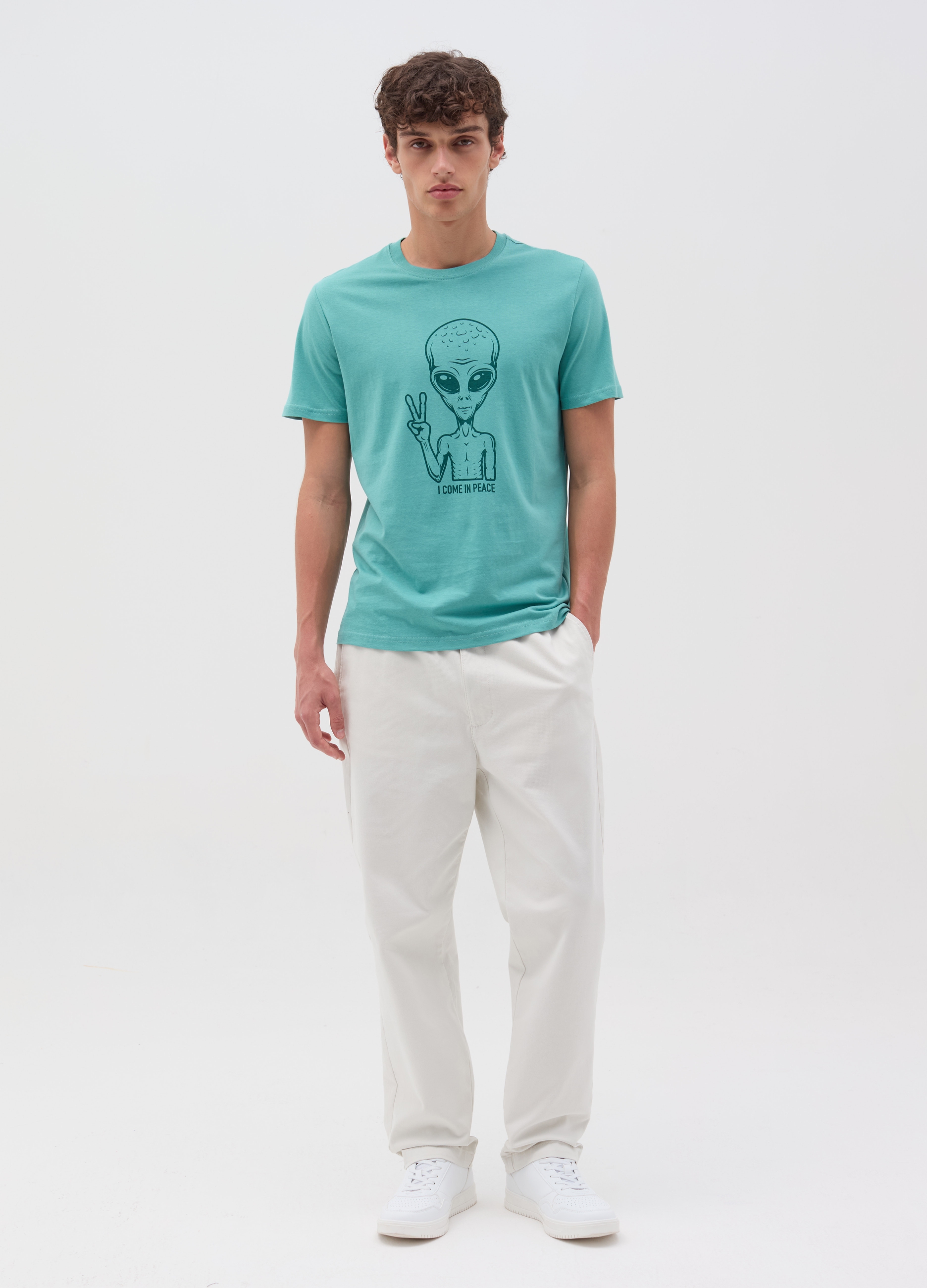 OVS, T-shirt Con Stampa "i Come In Peace", Uomo, Azzurro, Taglia: S