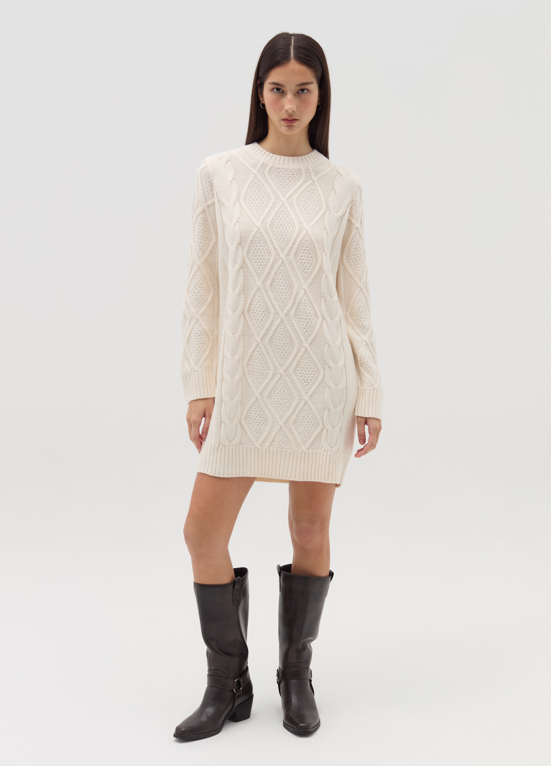 OVS, Vestido Corto De Punto Con Motivo De Rombos, Mujer, Blanco crema, Talla: 36