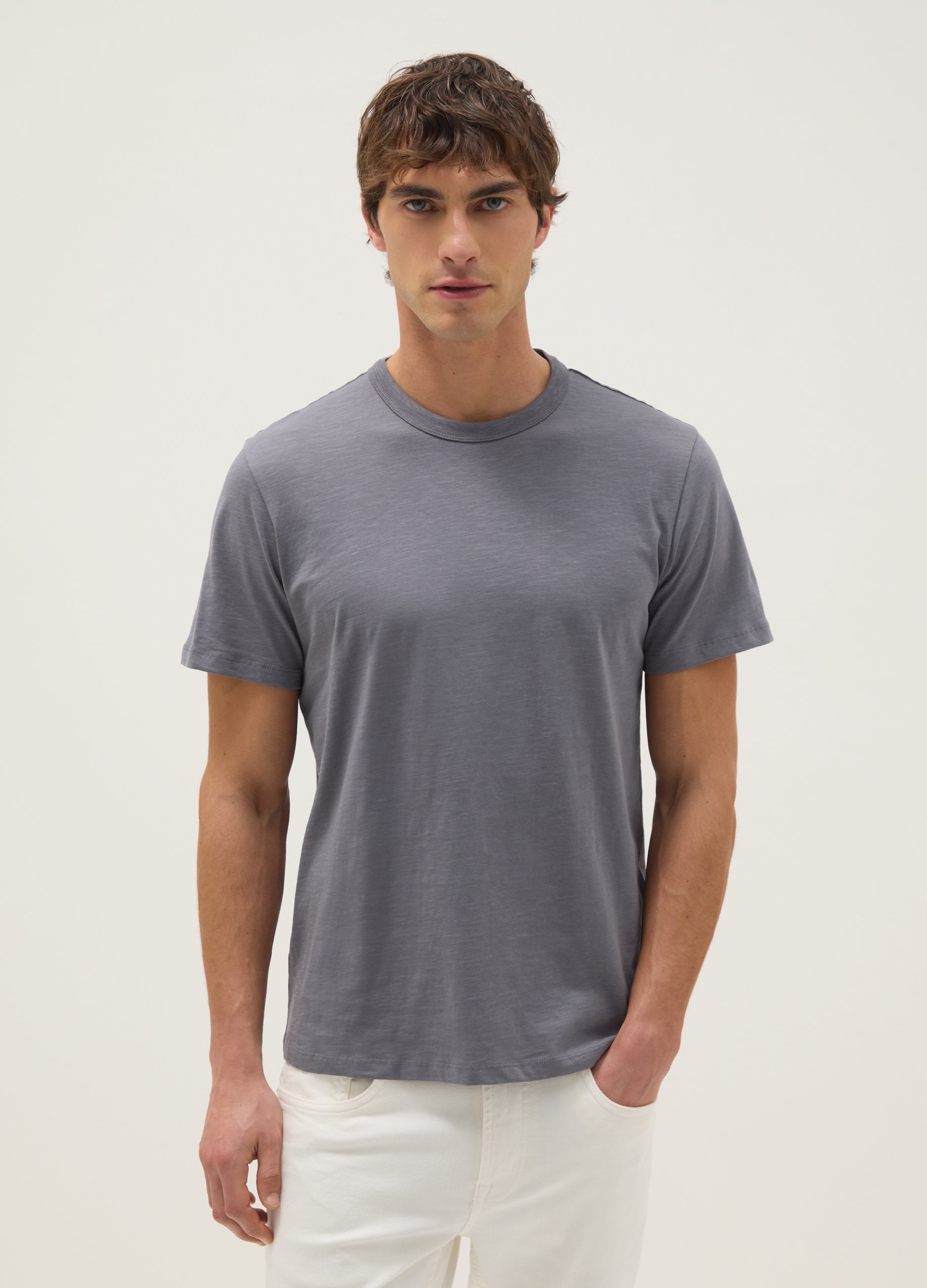 T-shirt A Maniche Corte In Puro Cotone Grigio Regular Fit, Hombre, Gris ceniza, Talla: L