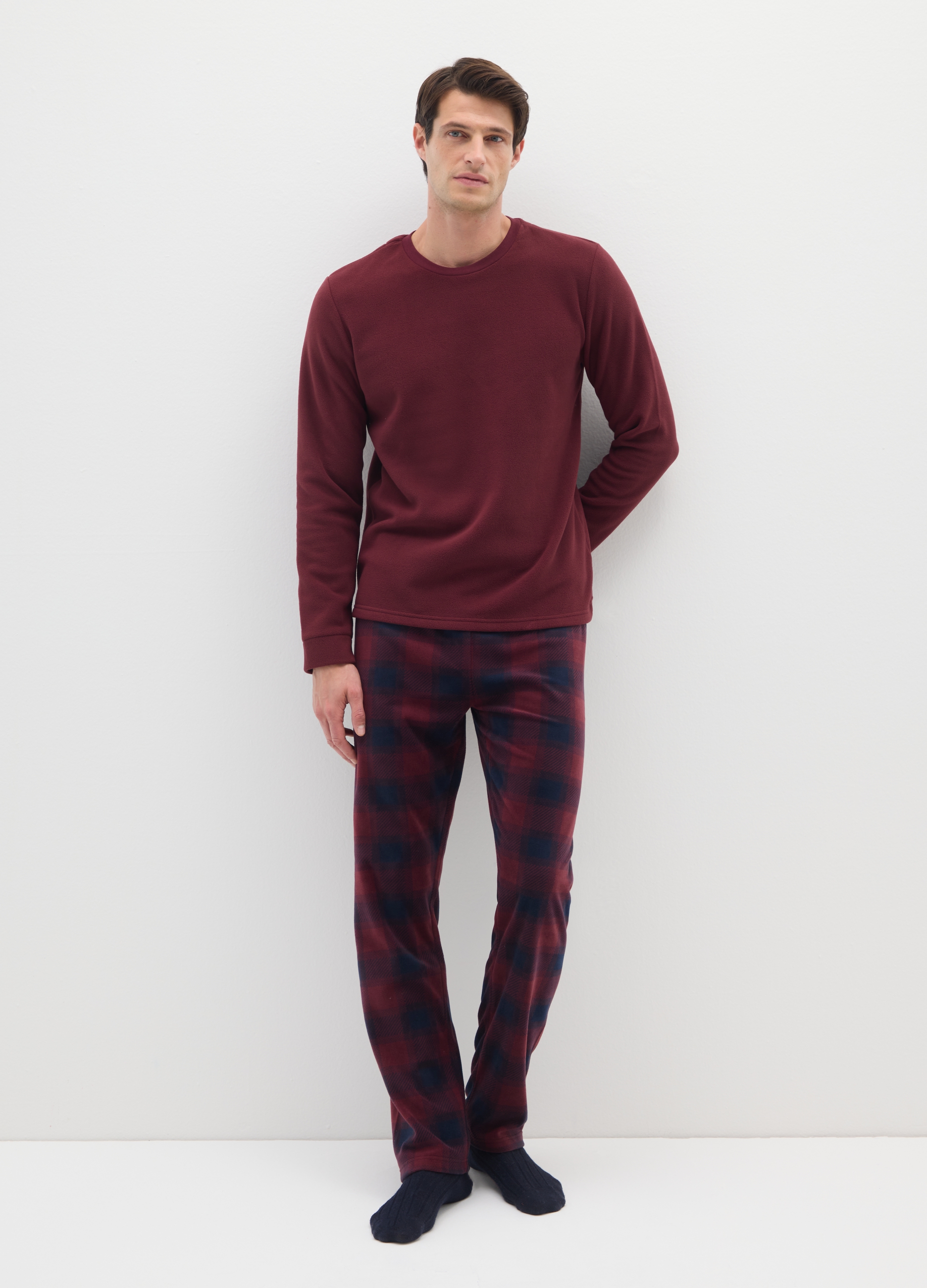 Pijama De Cuadros Rojos En Forro Polar De Ajuste Regular, Hombre, Rojo/Azul, Talla: XXL