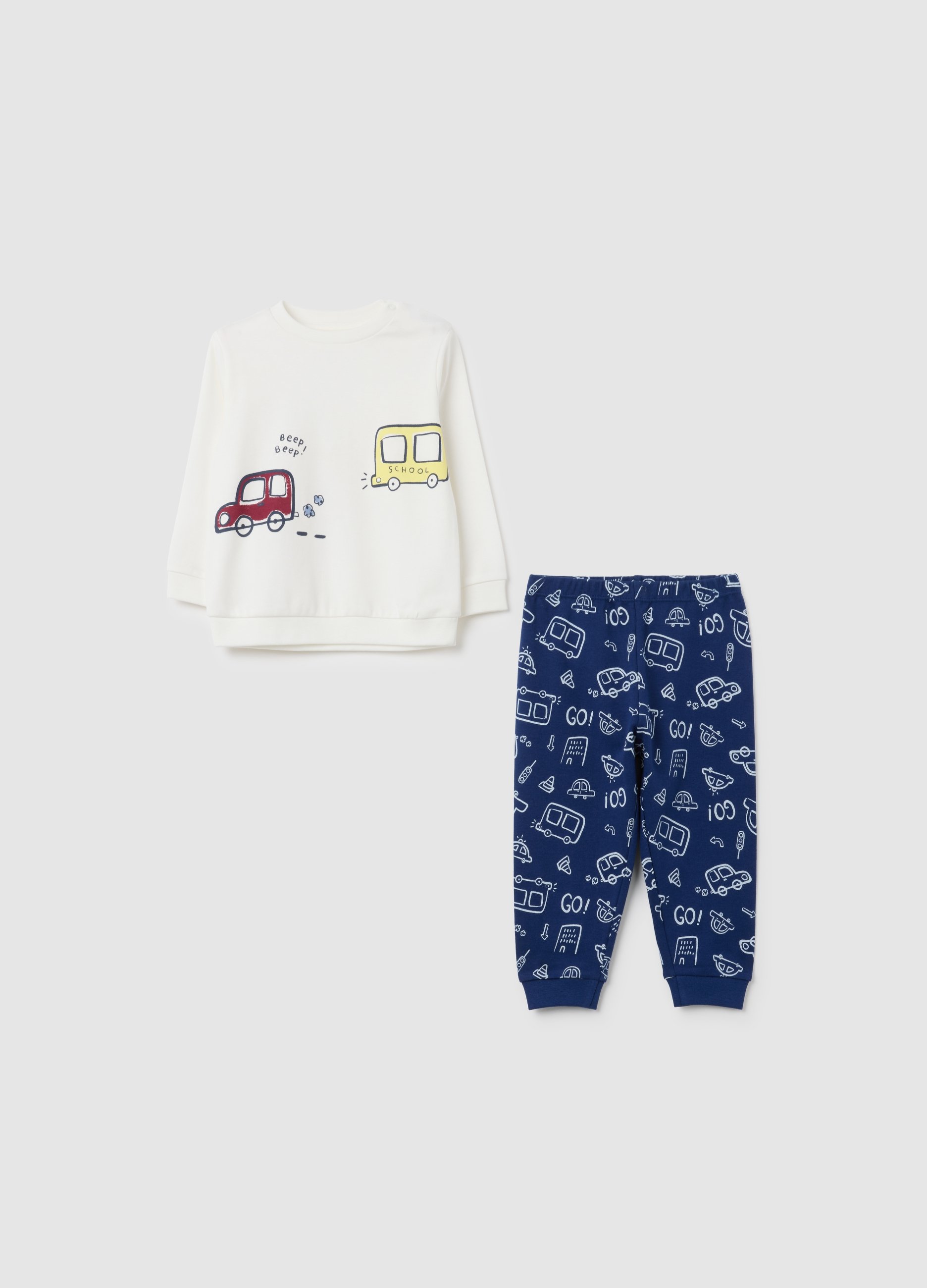 OVS, Pigiama Bianco E Blu Con Stampa Macchine, Junge, Weiß/Blau, Größe: 9-12