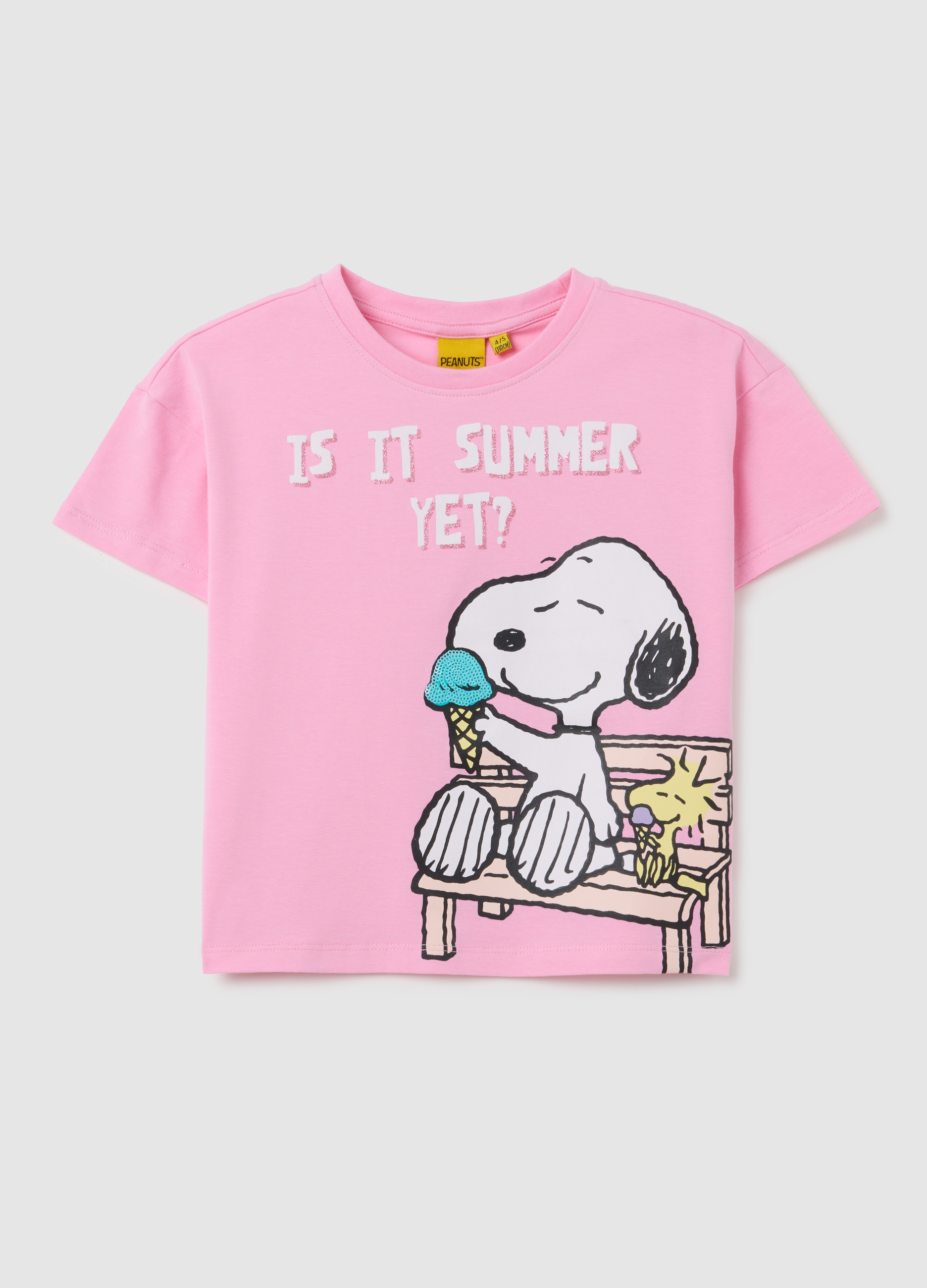 OVS, T-shirt Da Bambina In Cotone Elasticizzato Rosa Con Stampa Snoopy, Rosa, Taglia: 4-5