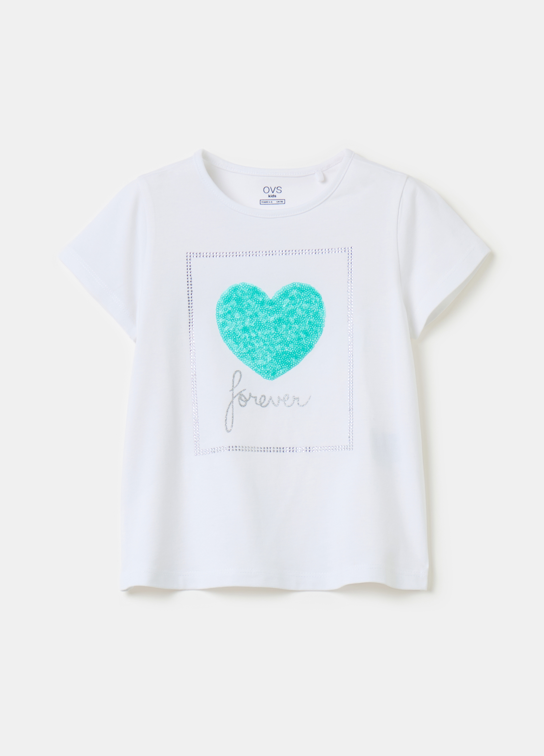 OVS, T-shirt In Cotone Stretch Con Strass E Paillettes, Bambina, Bianco, Taglia: 4-5