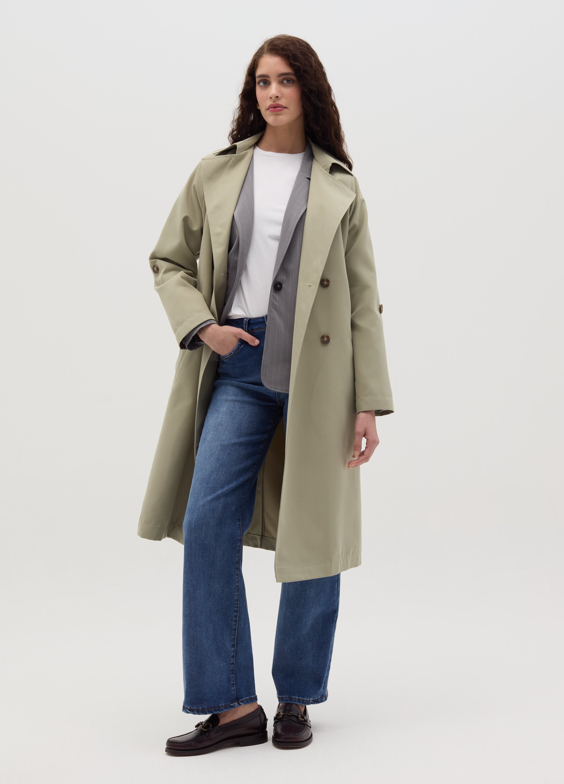 HYBRID, Trench Doppiopetto Con Bottoni E Cintura, Donna, Verde, Taglia: S