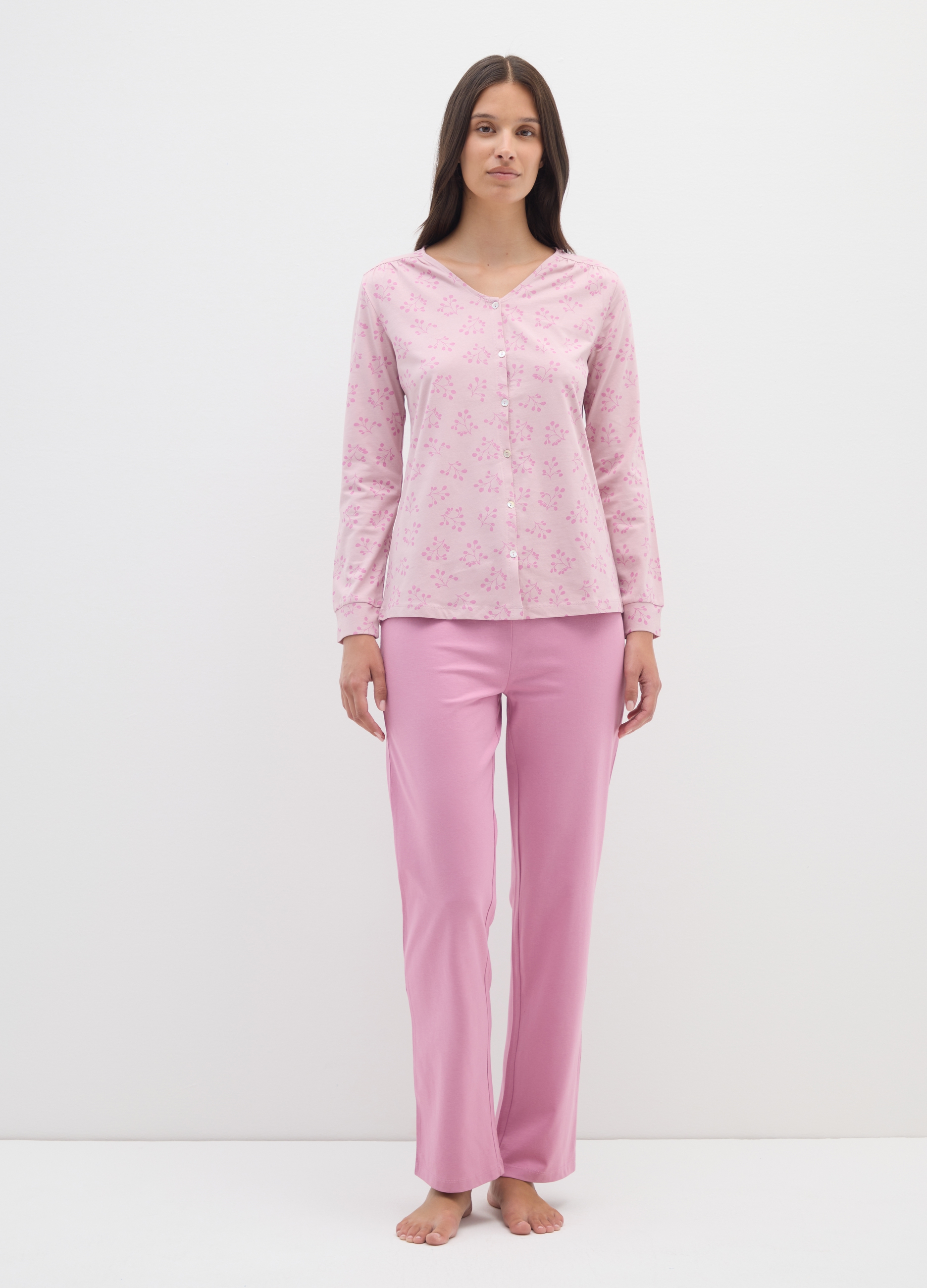 Pijama Rosa De Algodón Puro Con Estampado Floral, Mujer, Rosa pastel, Talla: 48
