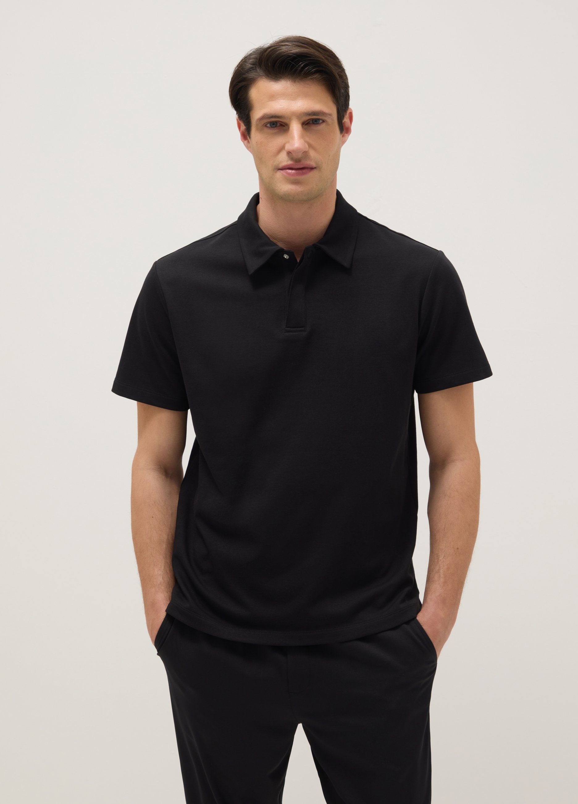 Polo De Manga Corta En Mezcla De Algodón Negro Corte Regular, Hombre, Gunmetal, Talla: L