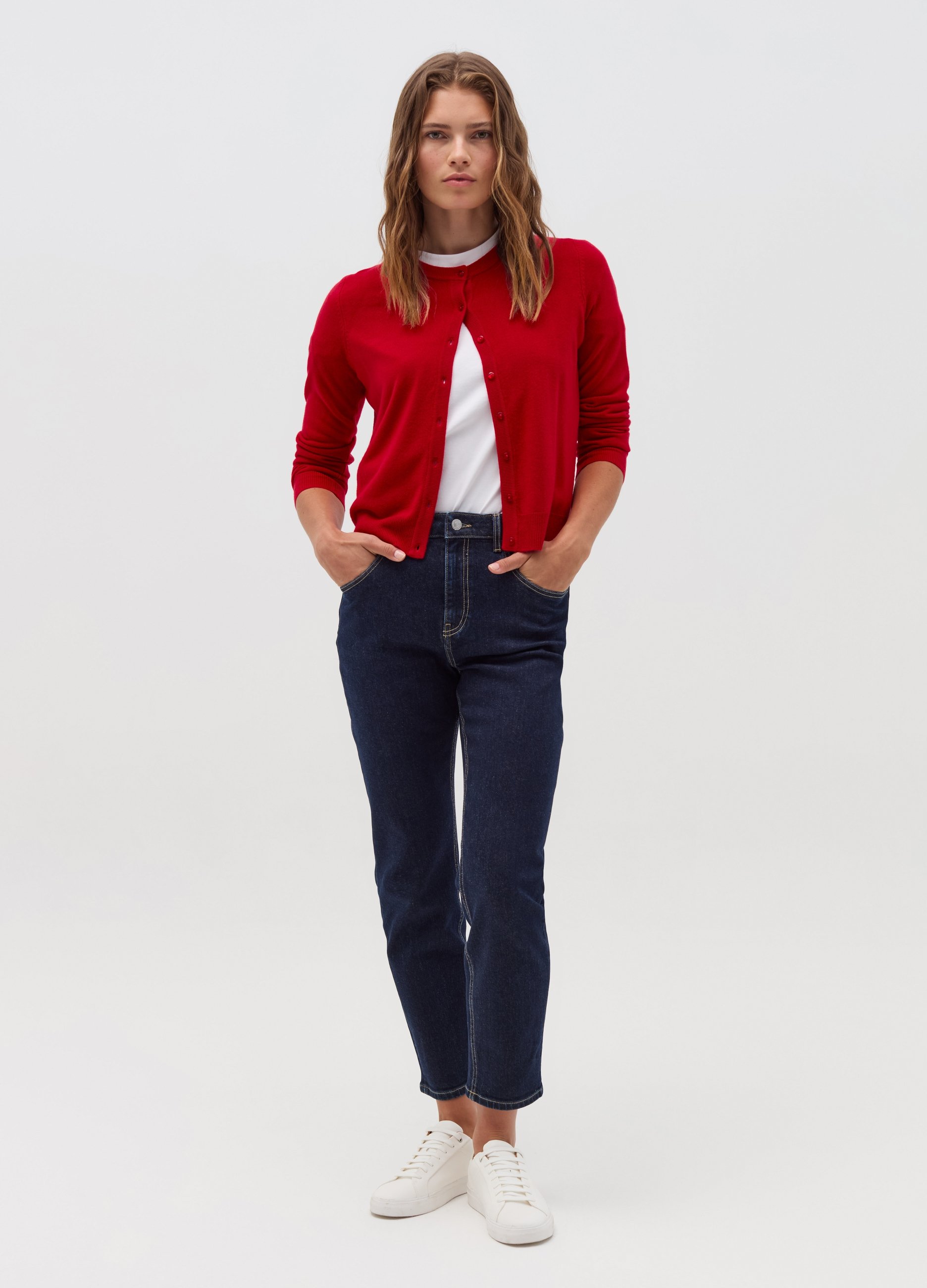 Cárdigan Con Cuello Redondo, Mujer, Rojo Geranio, Talla: 38