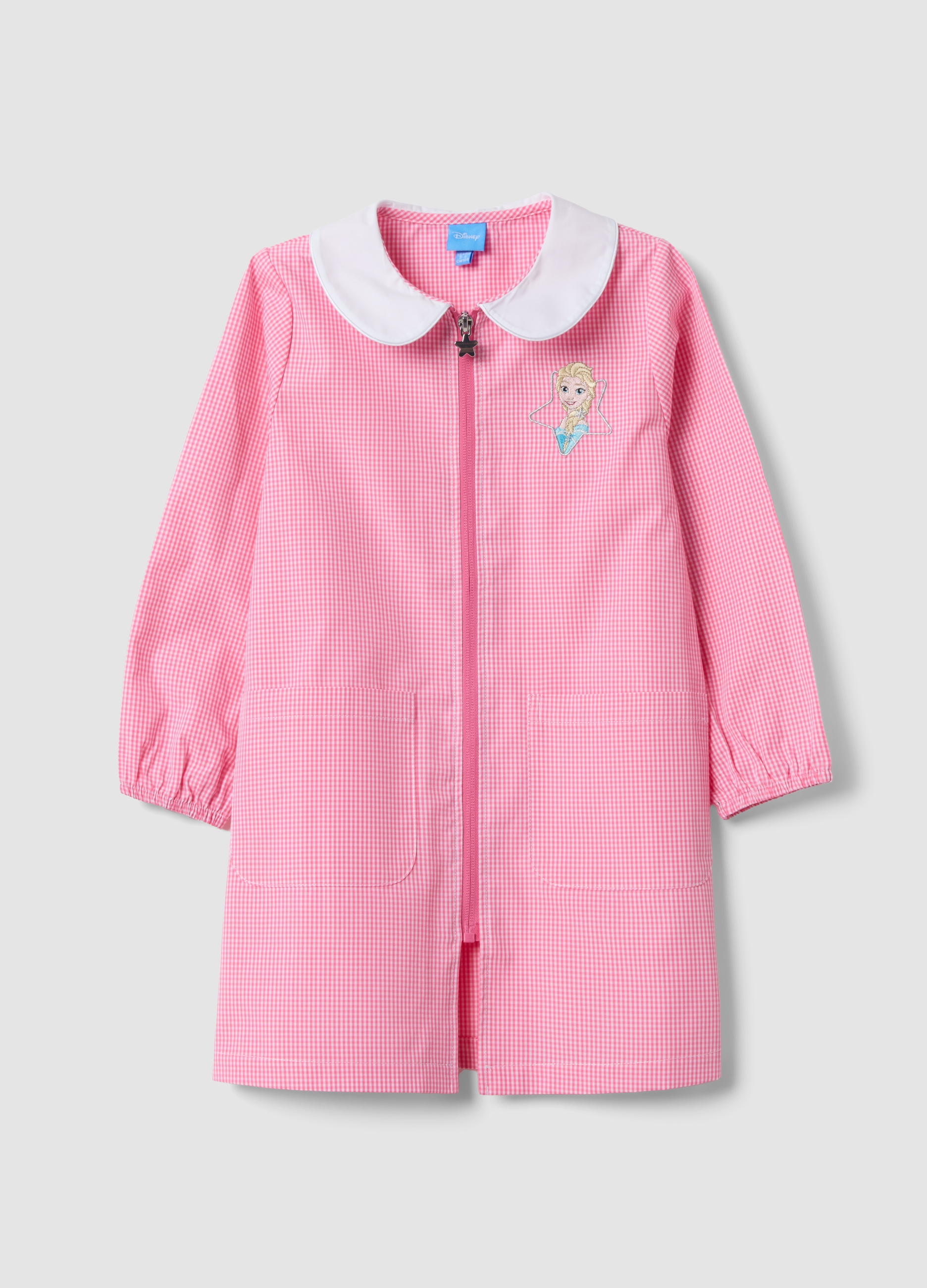 DISNEY, Grembiule Rosa A Quadretti Con Zip Colletto Bianco E Ricamo Frozen Per Asilo, Bambina, Rosa, Taglia: 5-6
