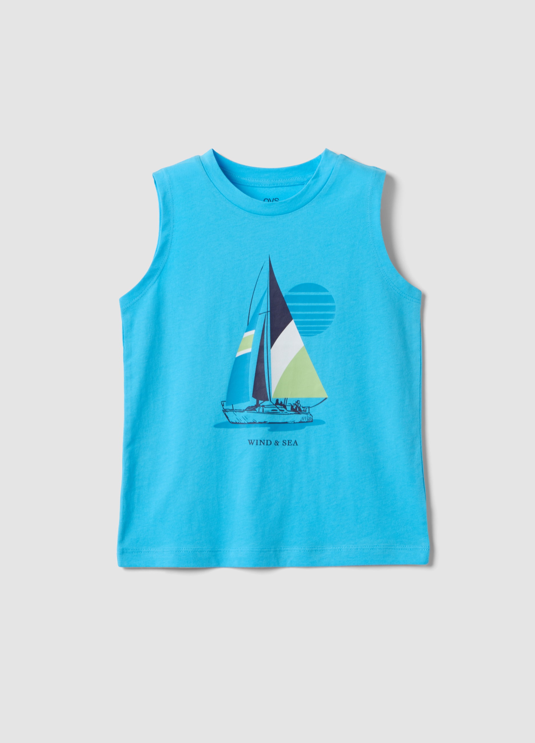 OVS KIDS, Camiseta De Tirantes Azul De Algodón Puro Para Niño Con Estampado De Velero, Niño, Azul Claro, Talla: 6-7