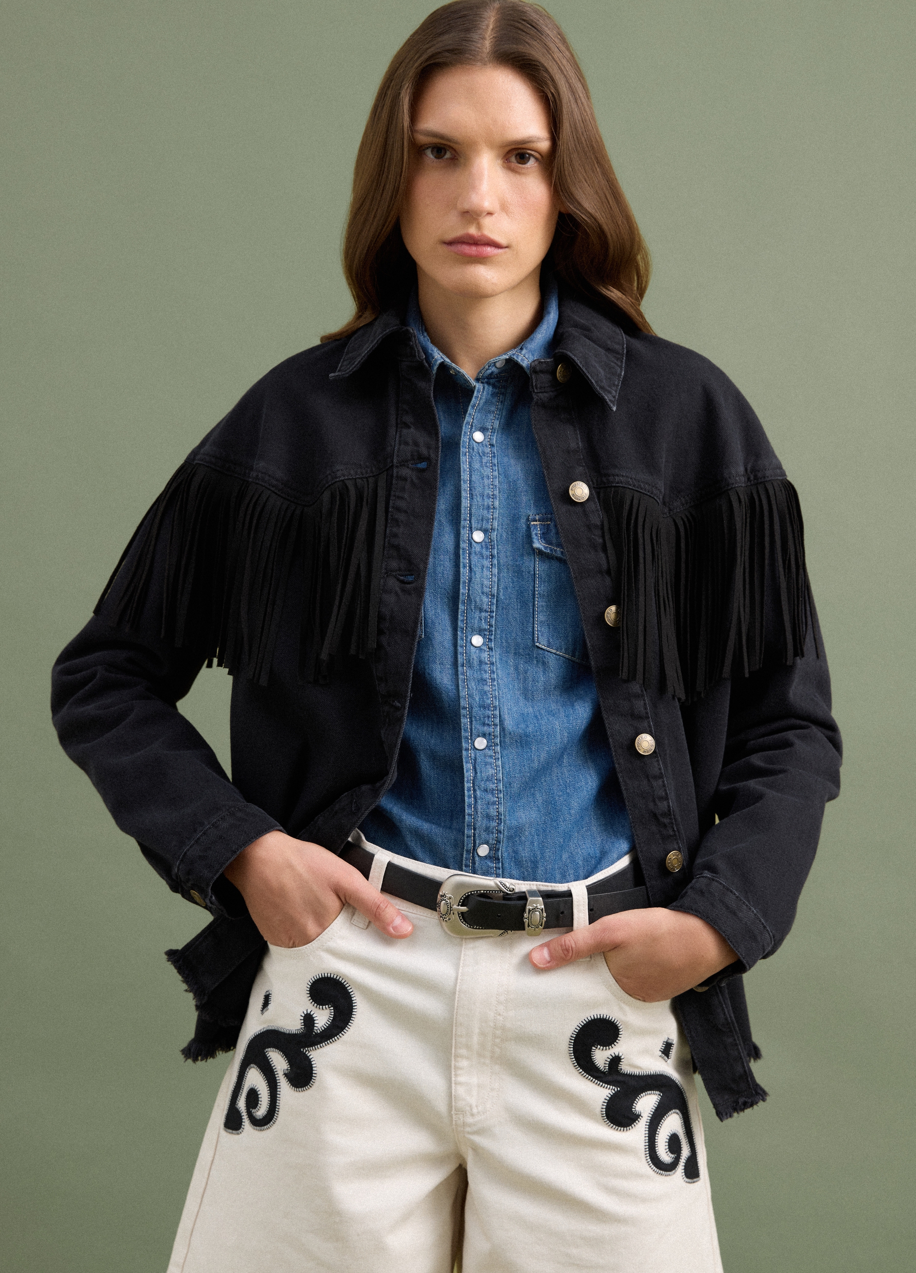 PIOMBO, Giacca Nera In Denim Di Puro Cotone Con Frange, Donna, Nero, Taglia: M