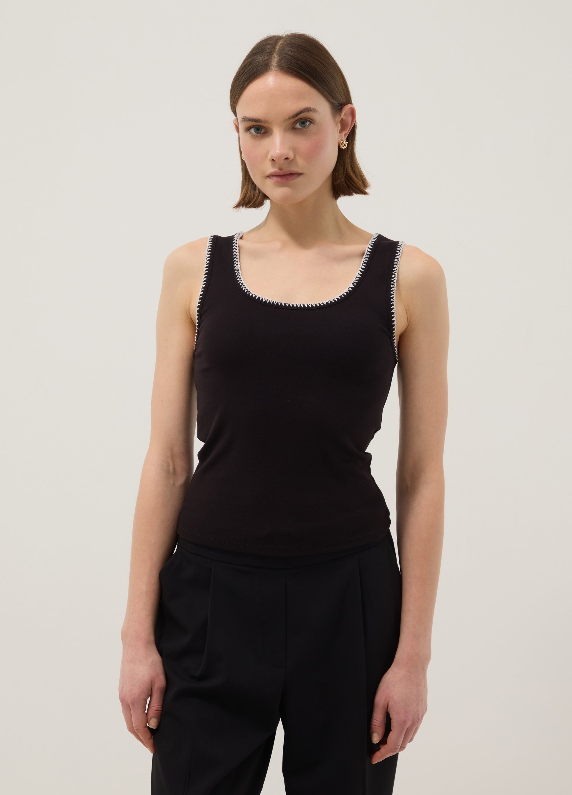 Camiseta De Tirantes Negra De Algodón Elástico Con Detalle A Contraste, Corte Regular, Mujer, Negro, Talla: 38